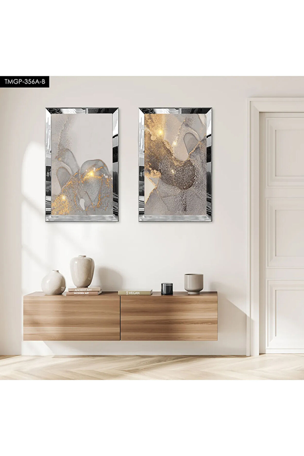 GÜMÜŞ AYNALI PLEKSİ ÇERÇEVELİ GRİ ARKA PLANLI MODERN İKİLİ MDF TABLO SETİ