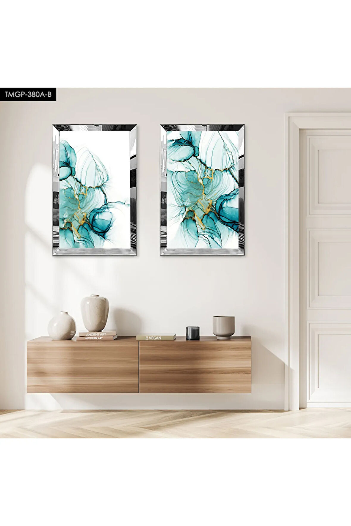 GÜMÜŞ AYNALI PLEKSİ ÇERÇEVELİ MODERN SU YEŞİLİ SOYUT DEKORATİF DESENLİ İKİLİ MDF TABLO SETİ