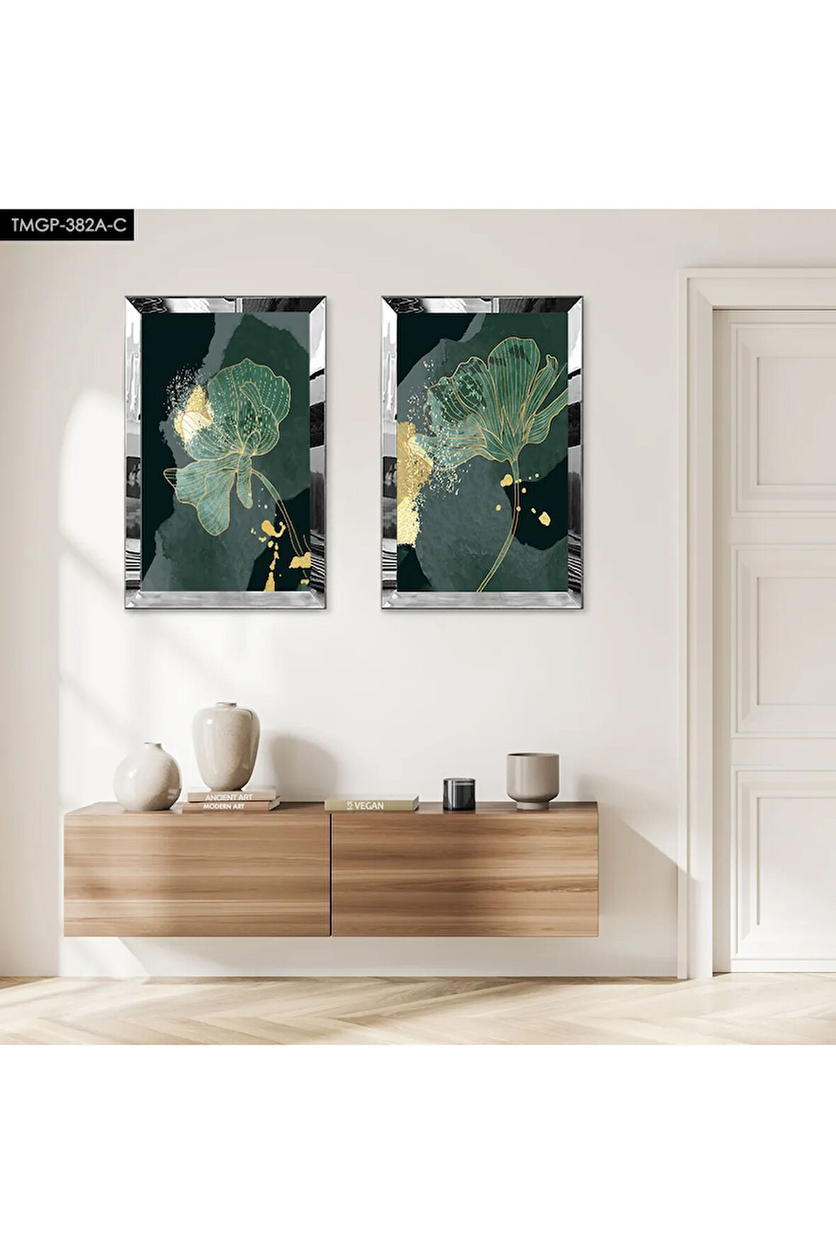 GÜMÜŞ AYNALI PLEKSİ ÇERÇEVELİ YEŞİL SOYUT MODERN GÜL İKİLİ MDF TABLO SETİ