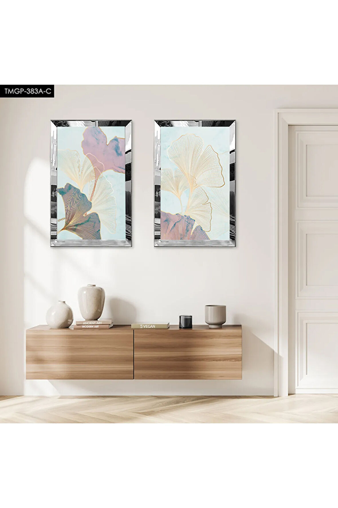 GÜMÜŞ AYNALI PLEKSİ ÇERÇEVELİ MODERN SOYUT GÜL İKİLİ MDF TABLO SETİ