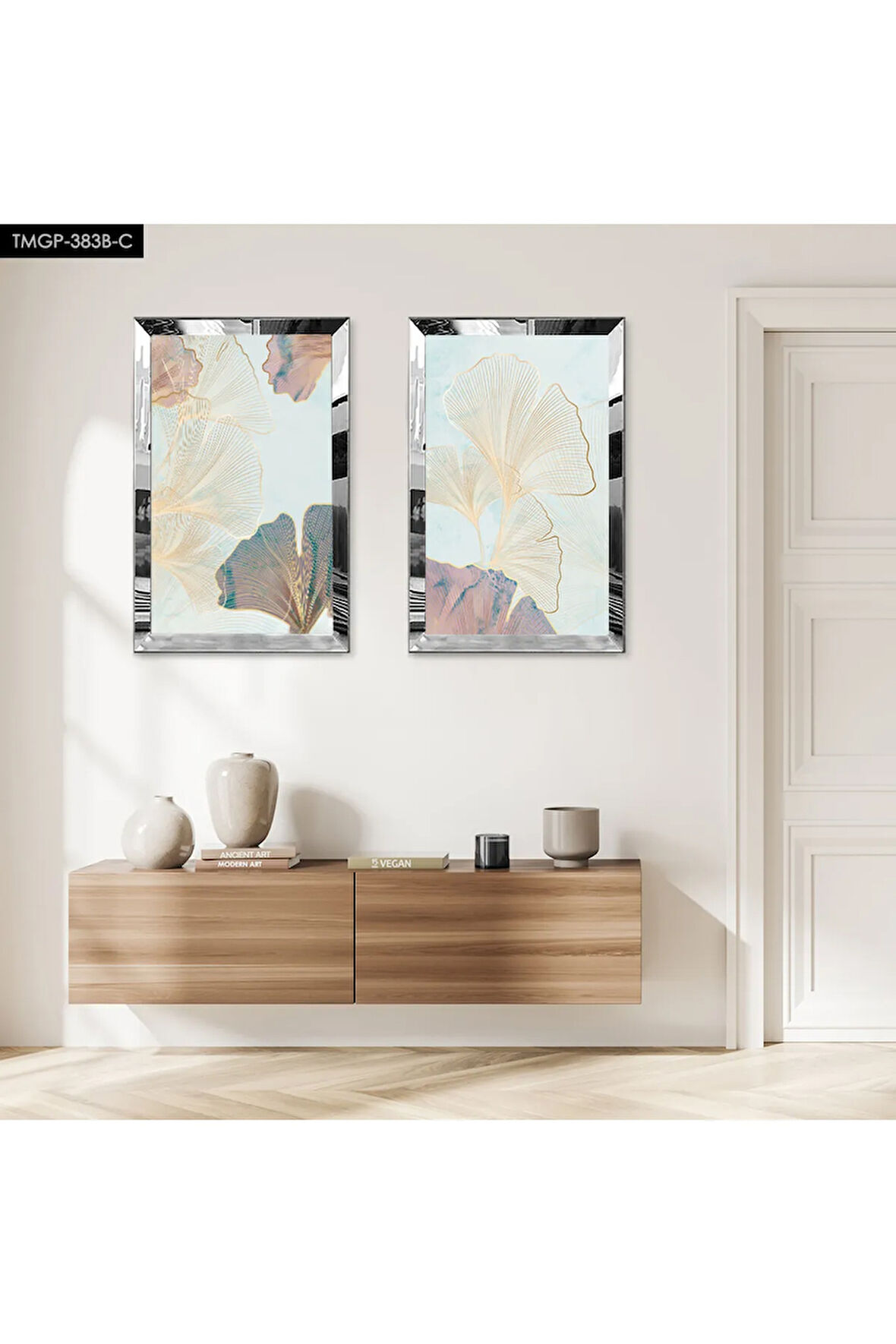 GÜMÜŞ AYNALI PLEKSİ ÇERÇEVELİ SOYUT GÜL İKİLİ MDF TABLO SETİ