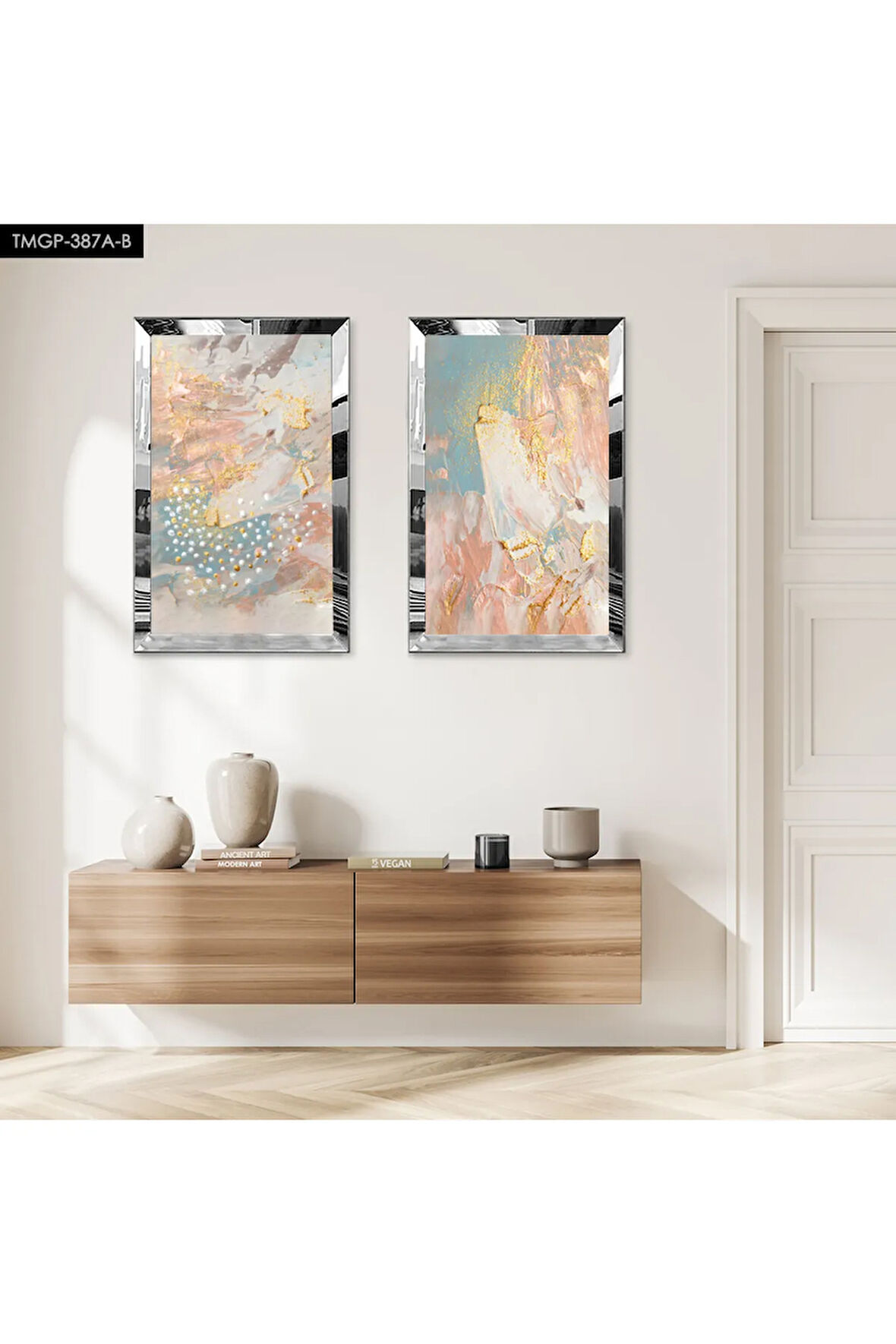 GÜMÜŞ AYNALI PLEKSİ ÇERÇEVELİ RENKLİ ARKA PLANLI DEKORATİF SOYUT DESENLER İKİLİ MDF TABLO SETİ