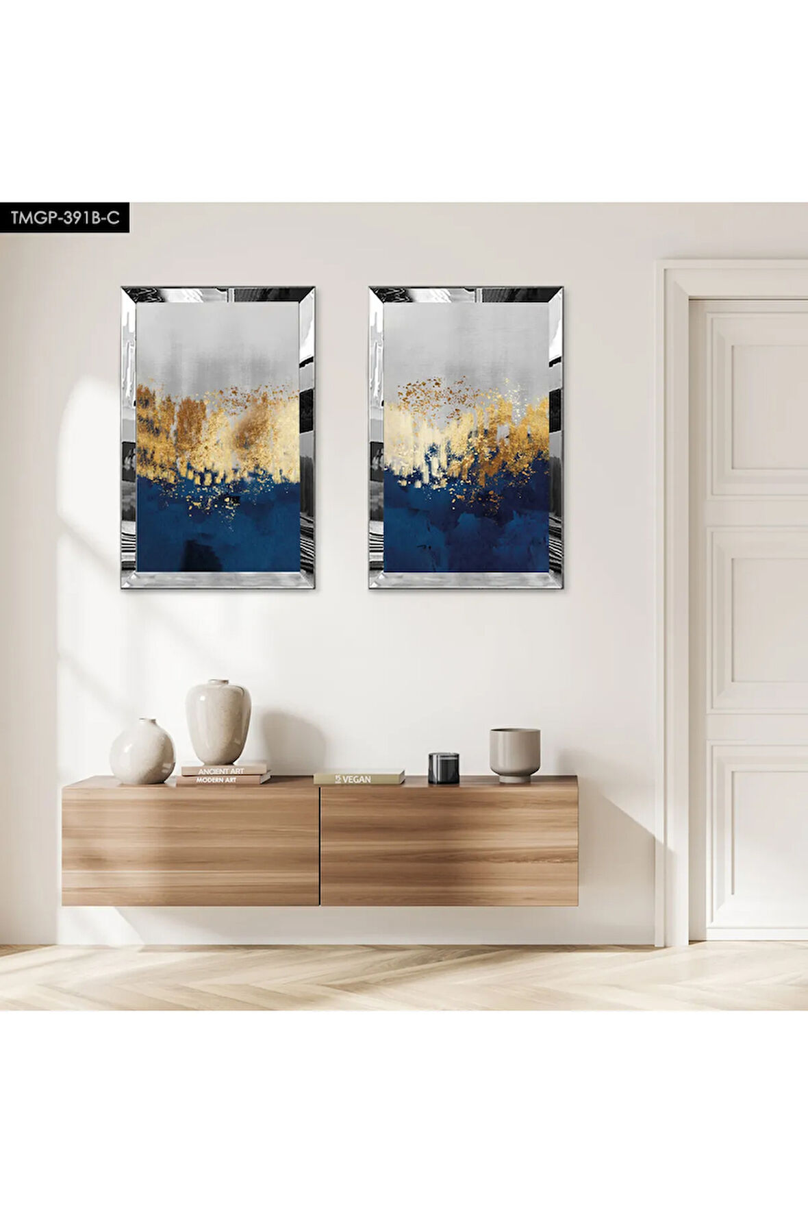 GÜMÜŞ AYNALI PLEKSİ ÇERÇEVELİ MAVİ GOLD VE BEYAZ ARKA PLANLI İKİLİ MDF TABLO SETİ