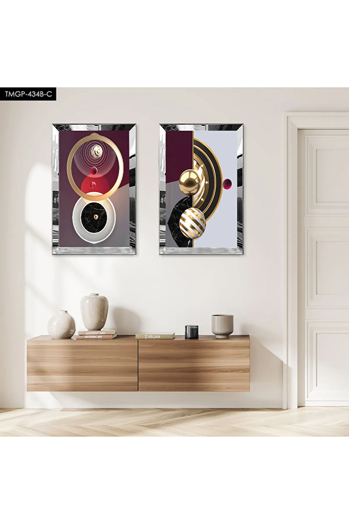 GÜMÜŞ AYNALI PLEKSİ ÇERÇEVELİ AÇIK RENKLİ ARKA PLANLI MODERN SOYUT ŞEKİLLER İKİLİ MDF TABLO SETİ