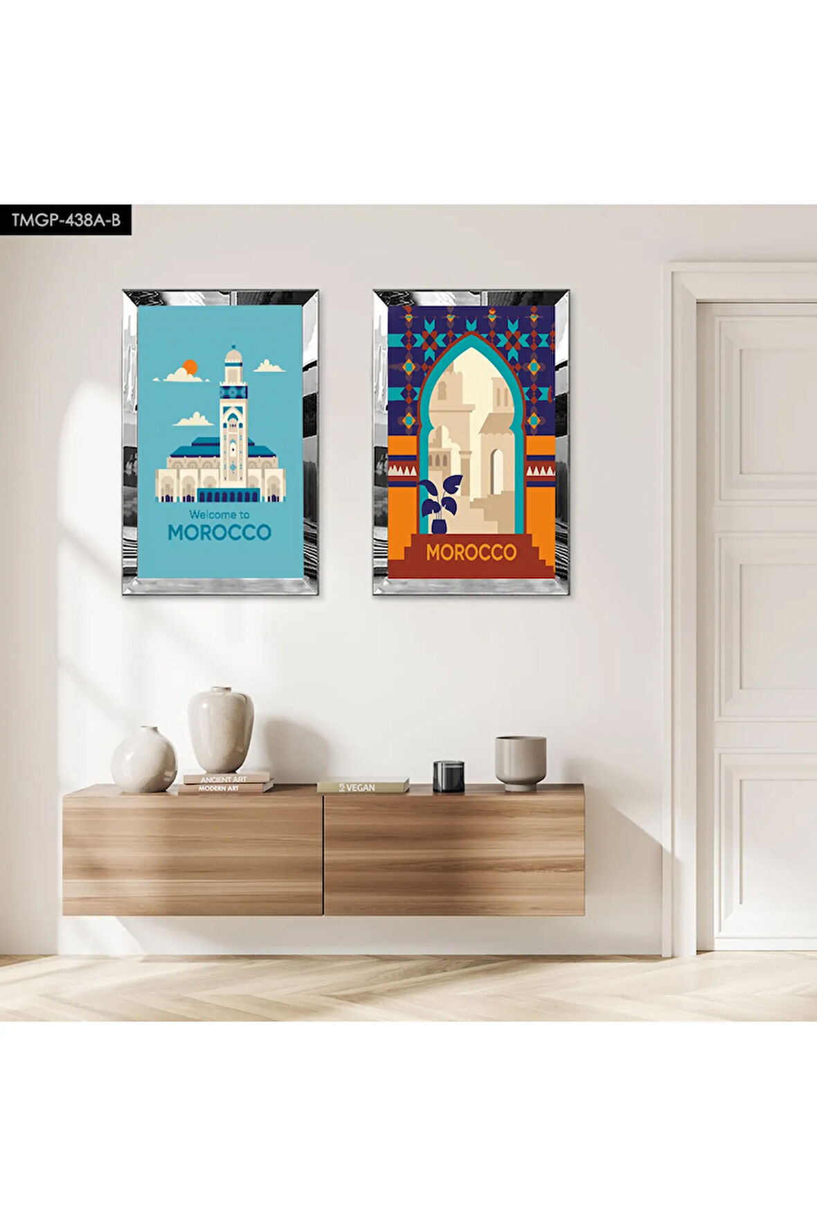 GÜMÜŞ AYNALI PLEKSİ ÇERÇEVELİ RENKLİ ARKA PLANLI DEKORATİF CAMİ İKİLİ MDF TABLO SETİ