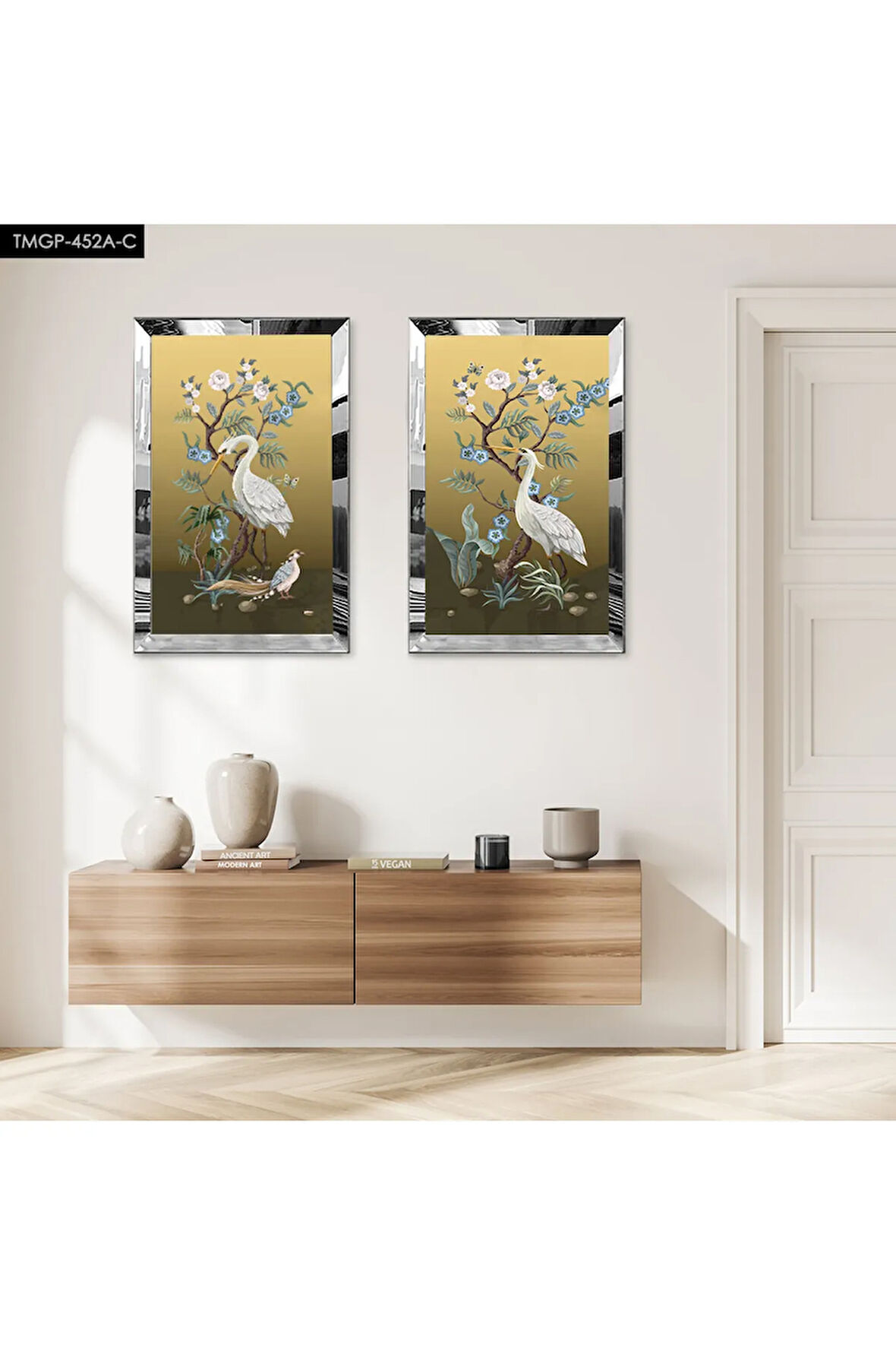 GÜMÜŞ AYNALI PLEKSİ ÇERÇEVELİ LEYLEKLER MODERN İKİLİ MDF TABLO SETİ