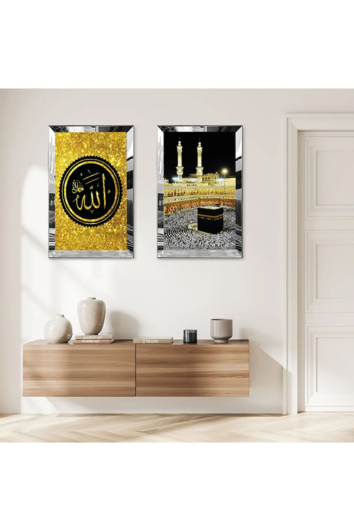 GÜMÜŞ AYNALI PLEKSİ ÇERÇEVELİ ALTIN ALLAH LAFZI VE KABE DİNİ İKİLİ MDF TABLO SETİ