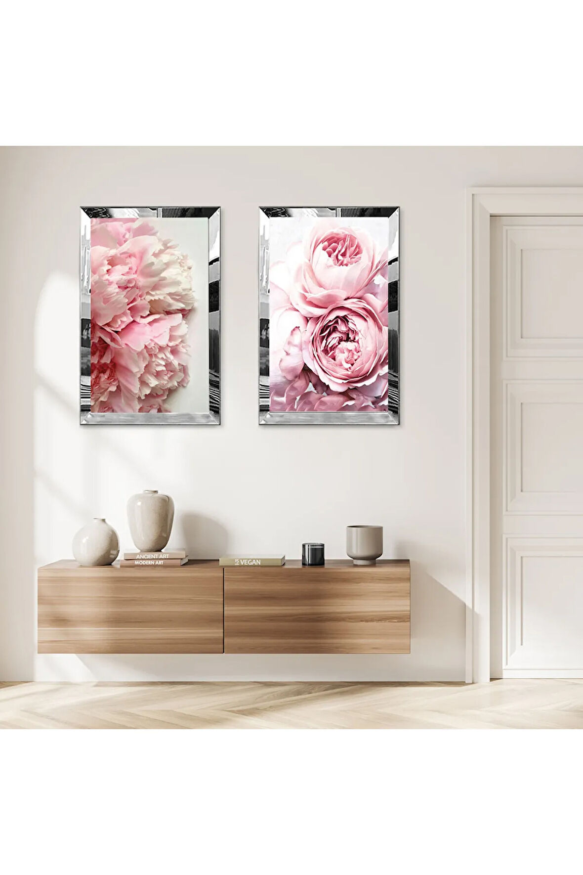 GÜMÜŞ AYNALI PLEKSİ ÇERÇEVELİ BEYAZ PEMBE GÜLLER VE ÇİÇEKLER İKİLİ MDF TABLO SETİ