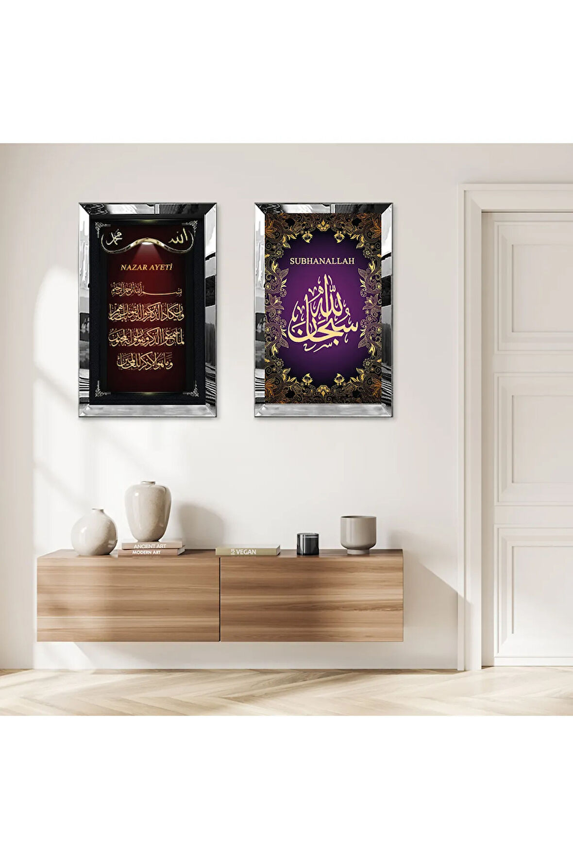 GÜMÜŞ AYNALI PLEKSİ ÇERÇEVELİ MOR ARKA PLANLI SUBHANALLAH VE NAZAR AYETİ DİNİ İKİLİ MDF TABLO SETİ