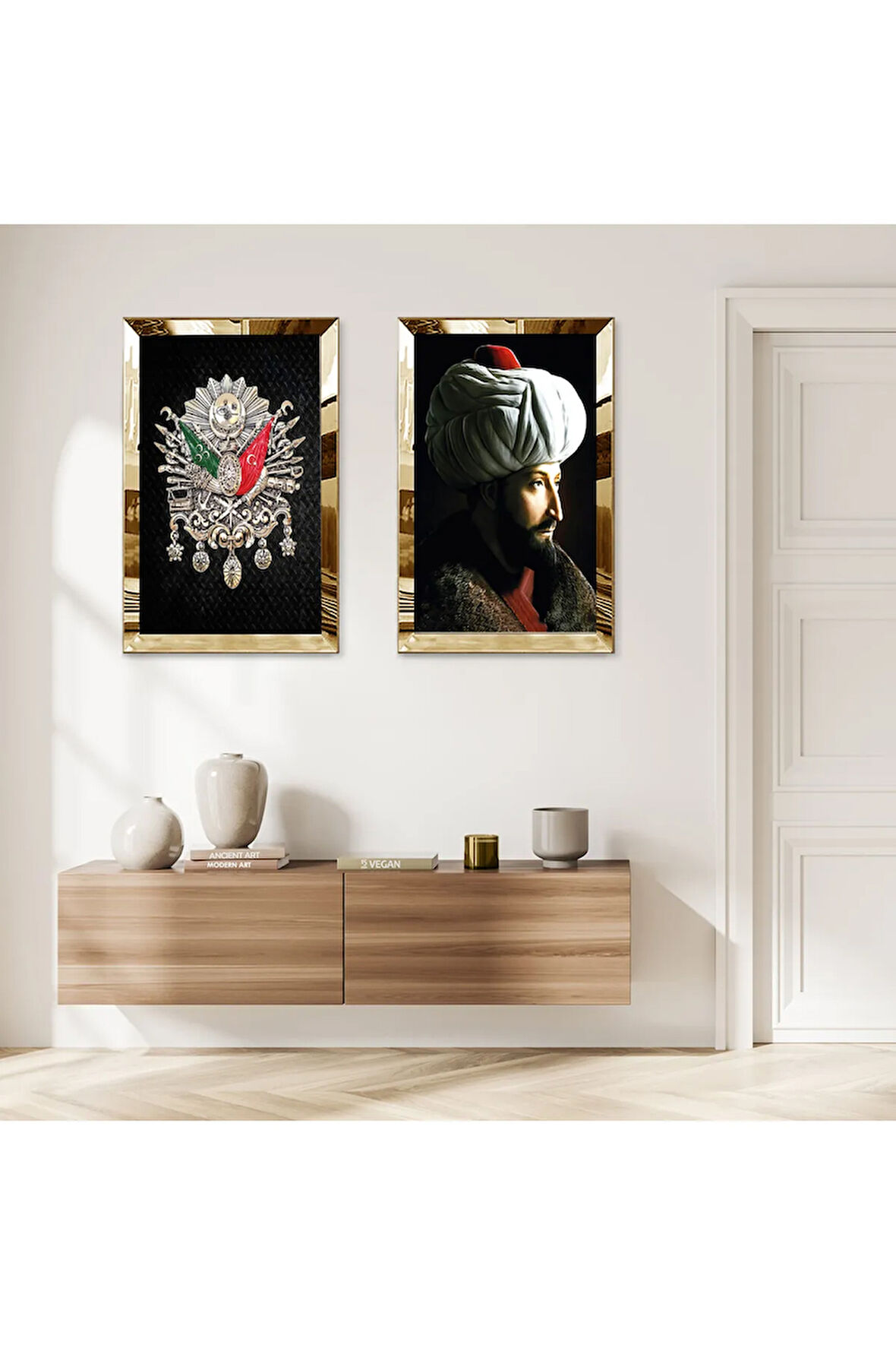 GOLD AYNALI PLEKSİ ÇERÇEVELİ FATİH SULTAN MEHMET VE OSMANLI TUĞRASI İKİLİ MDF TABLO SETİ
