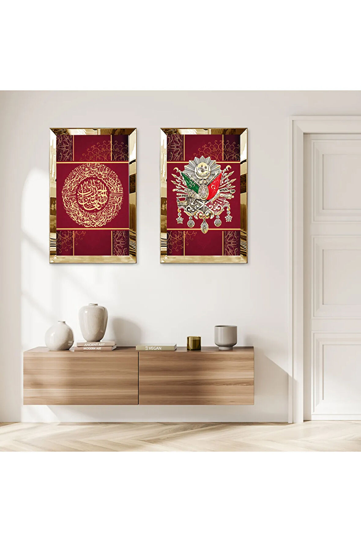 GOLD AYNALI PLEKSİ ÇERÇEVELİ KIRMIZI ARKA PLANLI OSMANLI TUĞRASI İKİLİ MDF TABLO SETİ