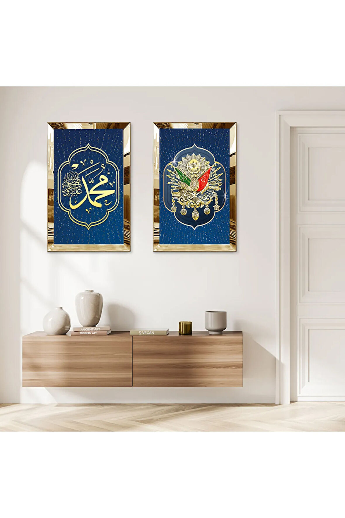 GOLD AYNALI PLEKSİ ÇERÇEVELİ MAVİ ARKA PLANLI OSMANLI TUĞRASI İKİLİ MDF TABLO SETİ