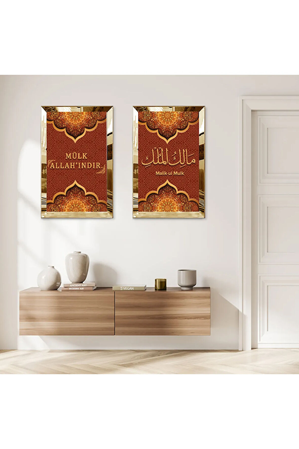 GOLD AYNALI PLEKSİ ÇERÇEVELİ TURUNCU ARKA PLANLI MALİK-UL MULK İKİLİ MDF TABLO SETİ