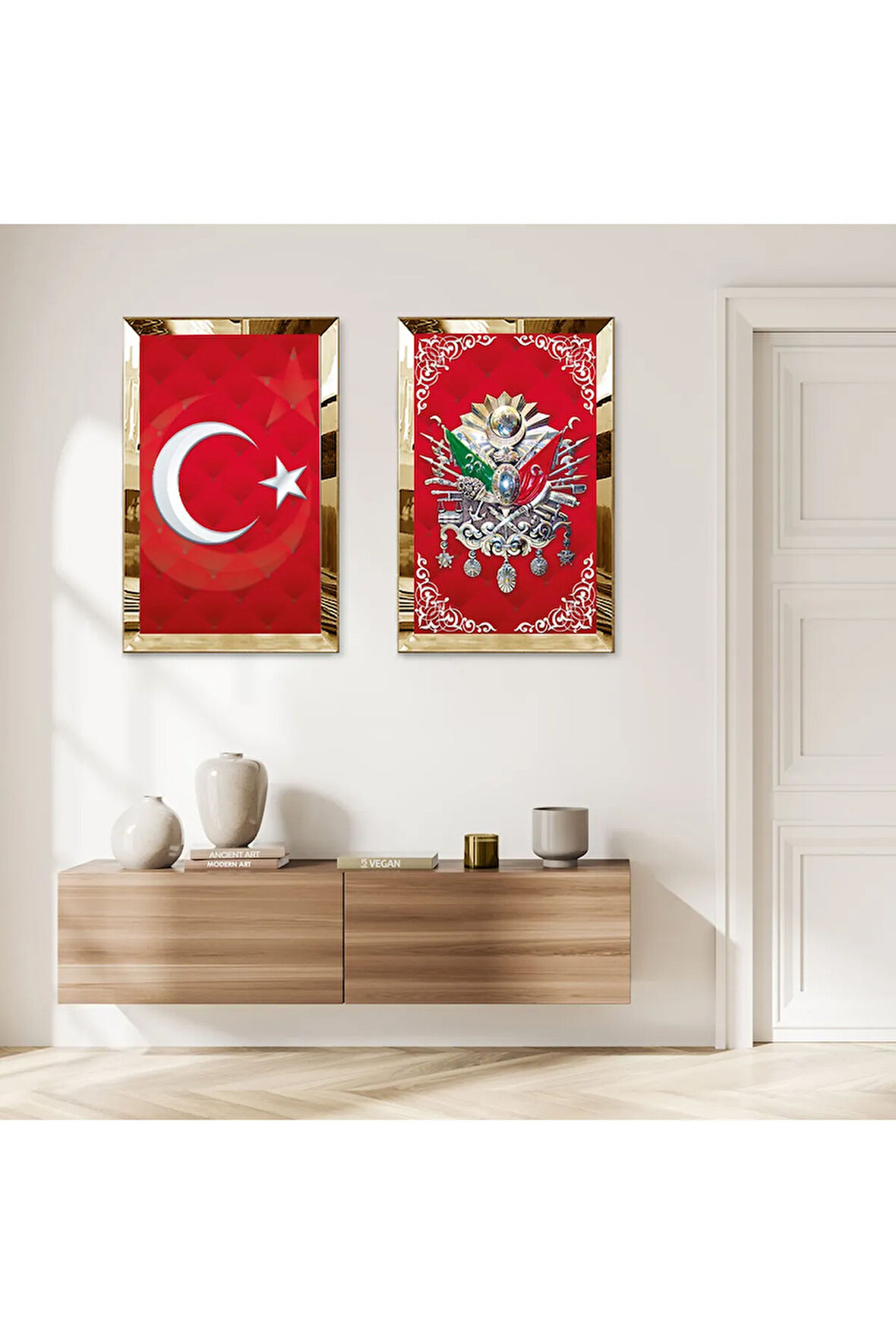 GOLD AYNALI PLEKSİ ÇERÇEVELİ KIRMIZI TÜRK BAYRAĞI VE OSMANLI TUĞRASI İKİLİ MDF TABLO SETİ