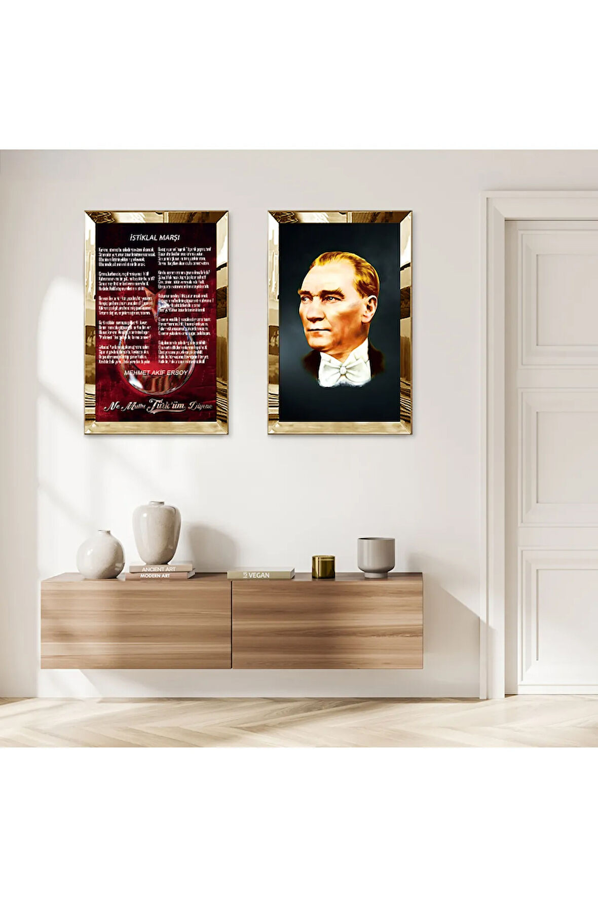 GOLD AYNALI PLEKSİ ÇERÇEVELİ İSTİKLAL MARŞI VE ATATÜRK DEKORATİF İKİLİ MDF TABLO SETİ