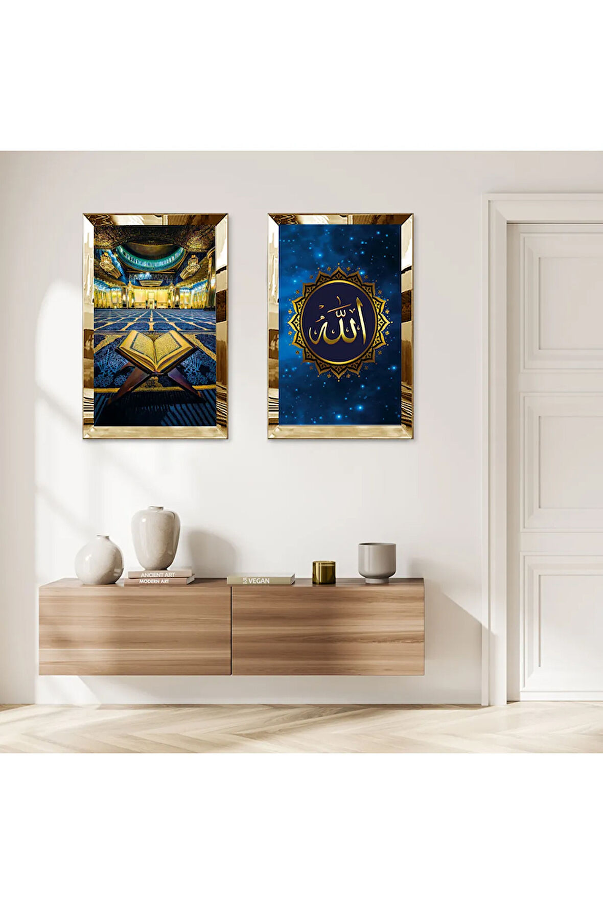 GOLD AYNALI PLEKSİ ÇERÇEVELİ ALLAH LAFZI VE KURAN-I KERİM İKİLİ MDF TABLO SETİ