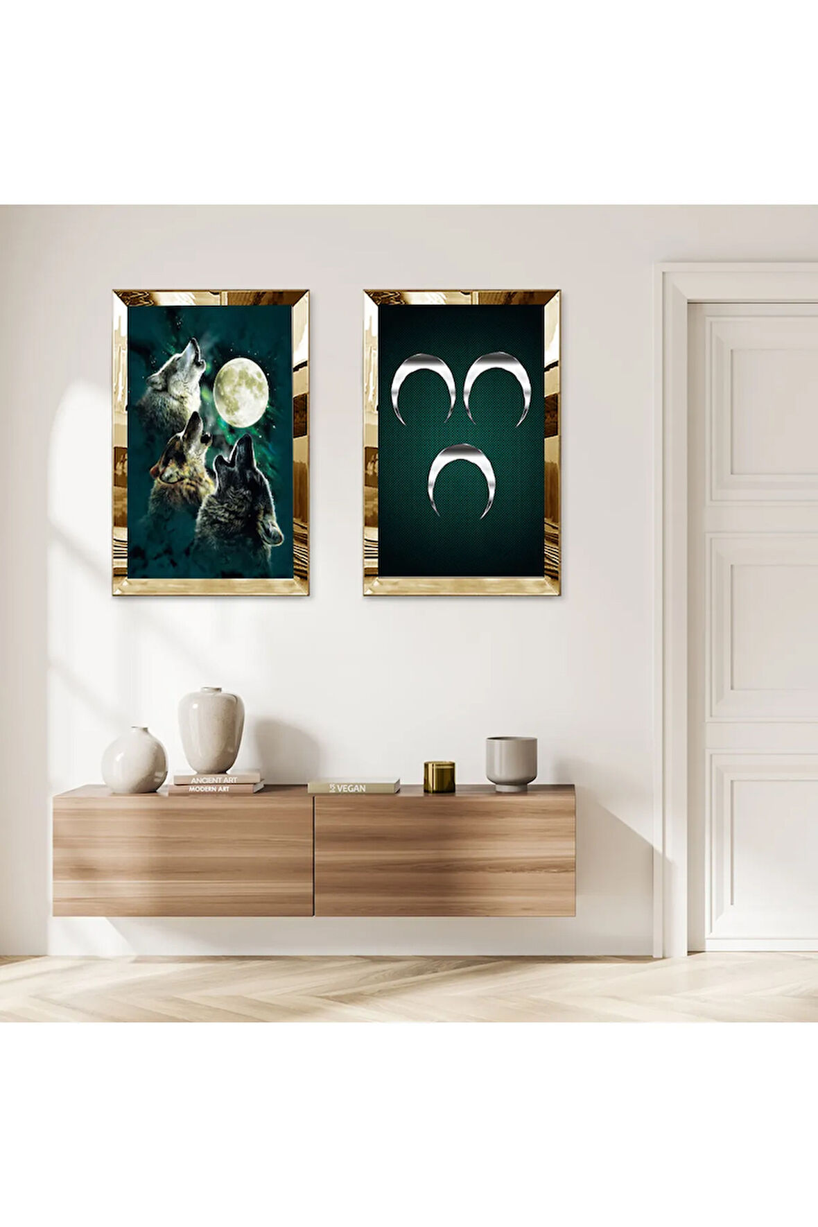GOLD AYNALI PLEKSİ ÇERÇEVELİ 3 HİLAL VE ULUYAN KURTLAR İKİLİ MDF TABLO SETİ
