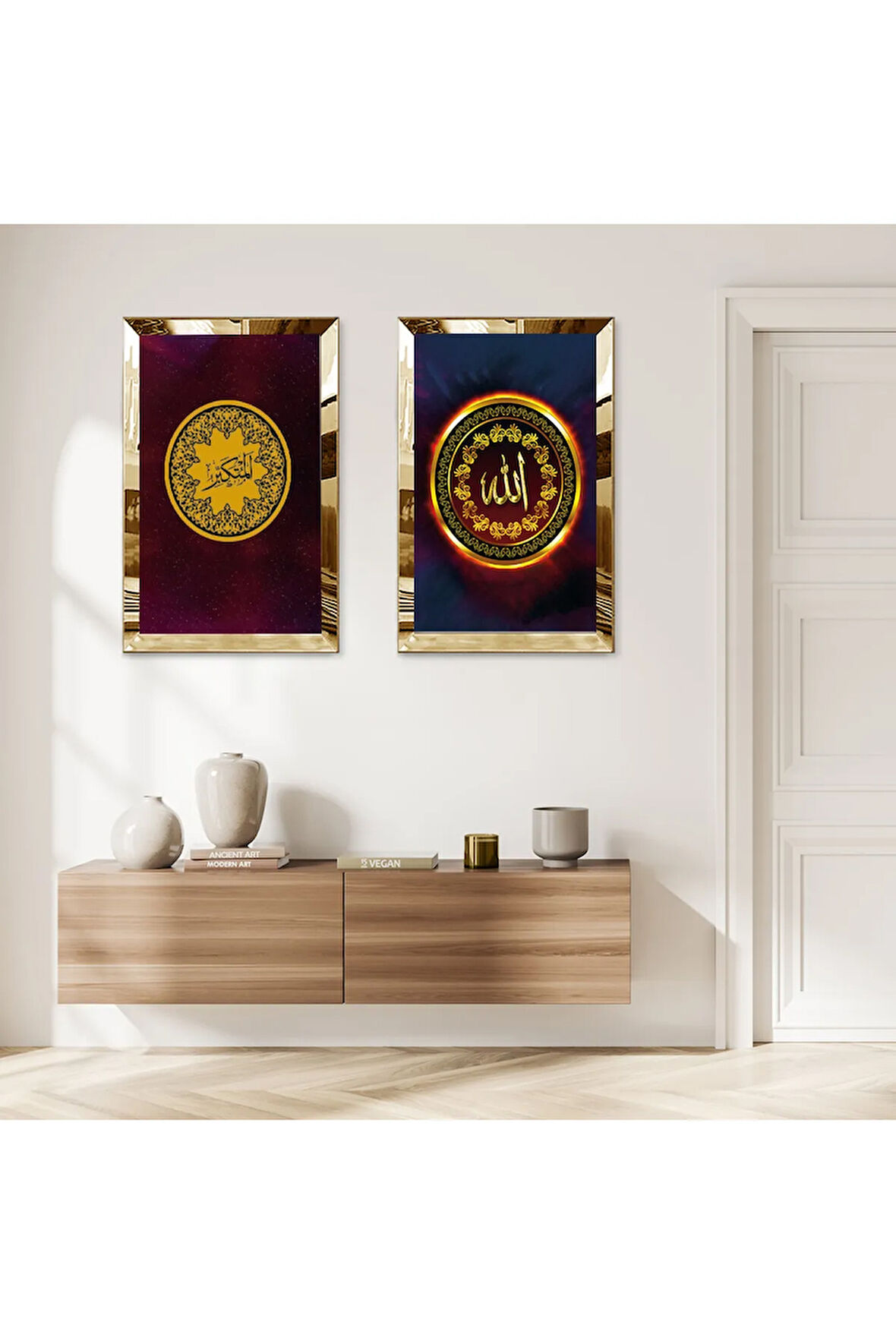 GOLD AYNALI PLEKSİ ÇERÇEVELİ MOR ARKA PLANLI ALLAH LAFZI DİNİ İKİLİ MDF TABLO SETİ