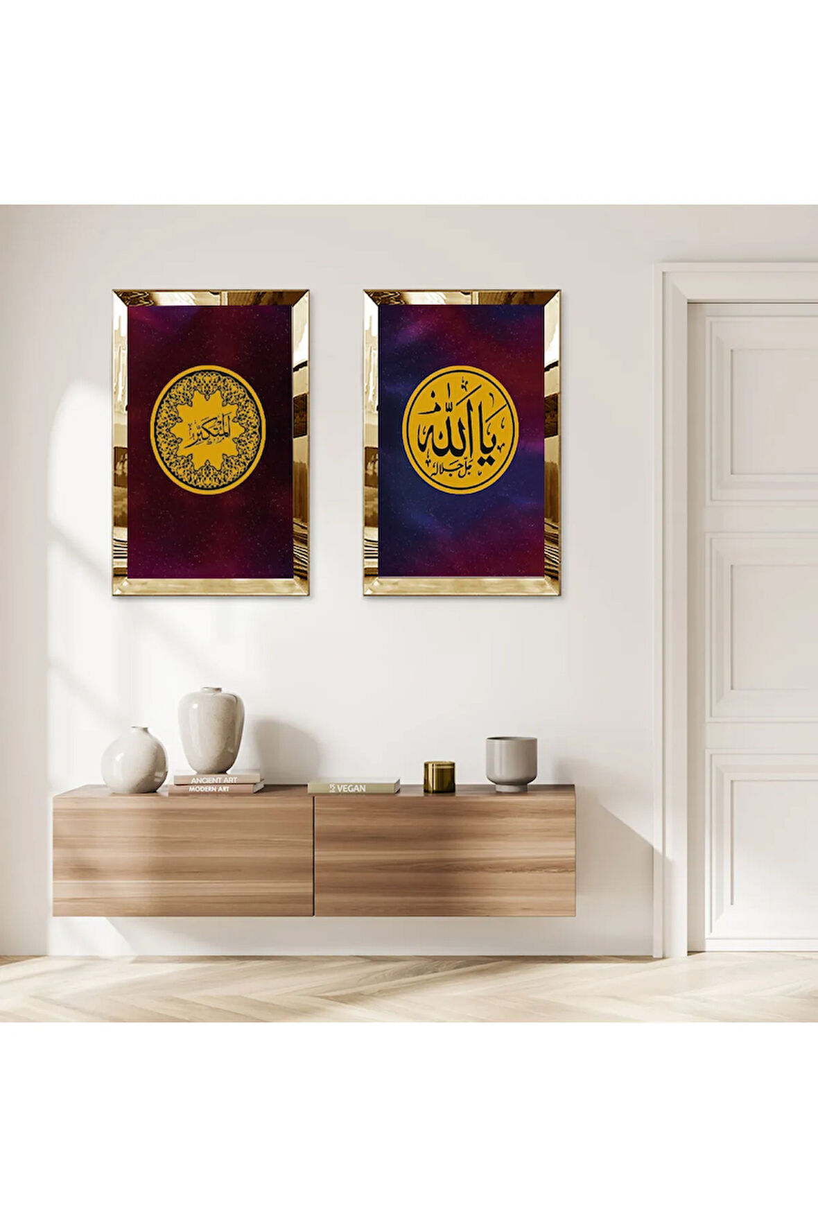 GOLD AYNALI PLEKSİ ÇERÇEVELİ MOR ARKA PLANLI GOLD DESENLİ ALLAH LAFZI DİNİ İKİLİ MDF TABLO SETİ