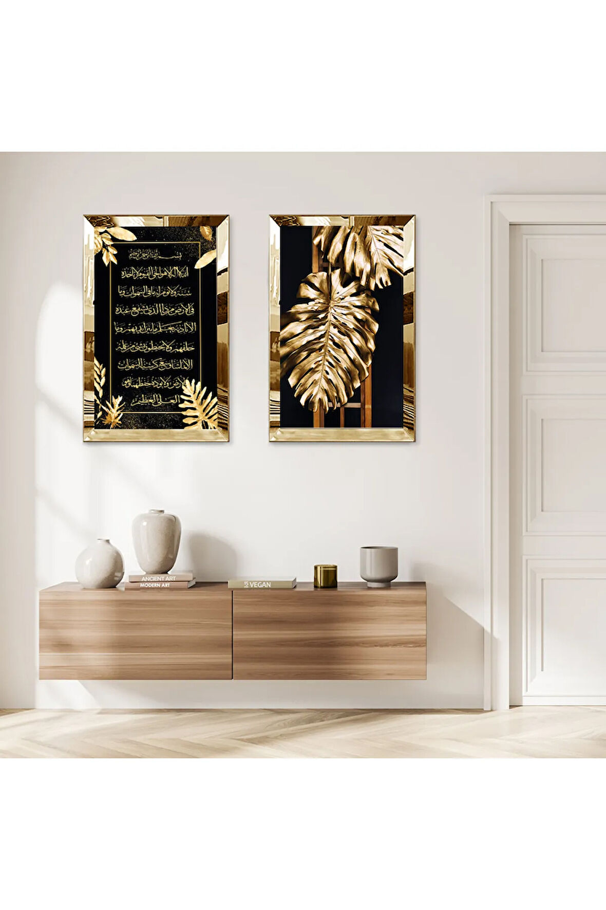 GOLD AYNALI PLEKSİ ÇERÇEVELİ GOLD YAPRAKLAR VE DİNİ AYET İKİLİ MDF TABLO SETİ