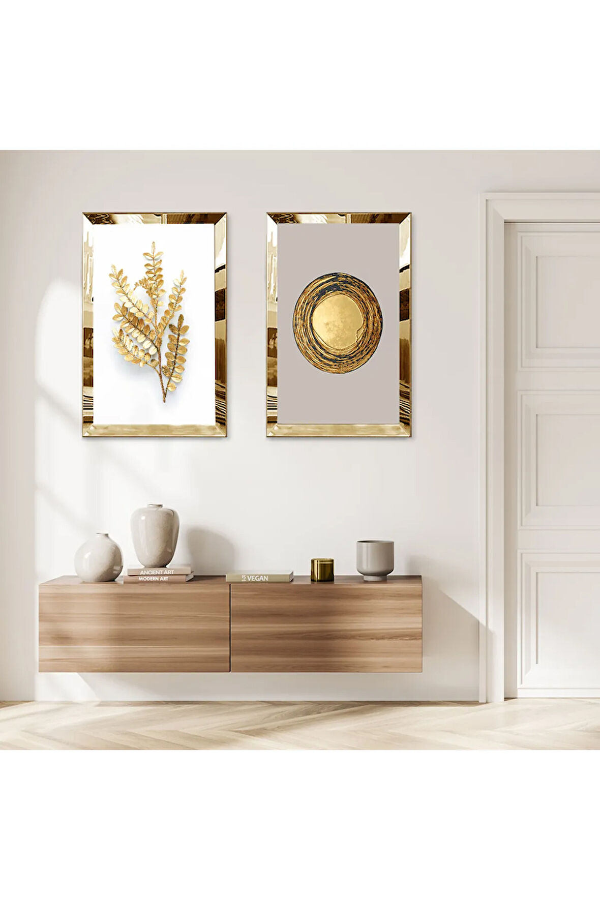 GOLD AYNALI PLEKSİ ÇERÇEVELİ GRİ BEYAZ ARKA PLANLI GOLD ÇİÇEK İKİLİ MDF TABLO SETİ