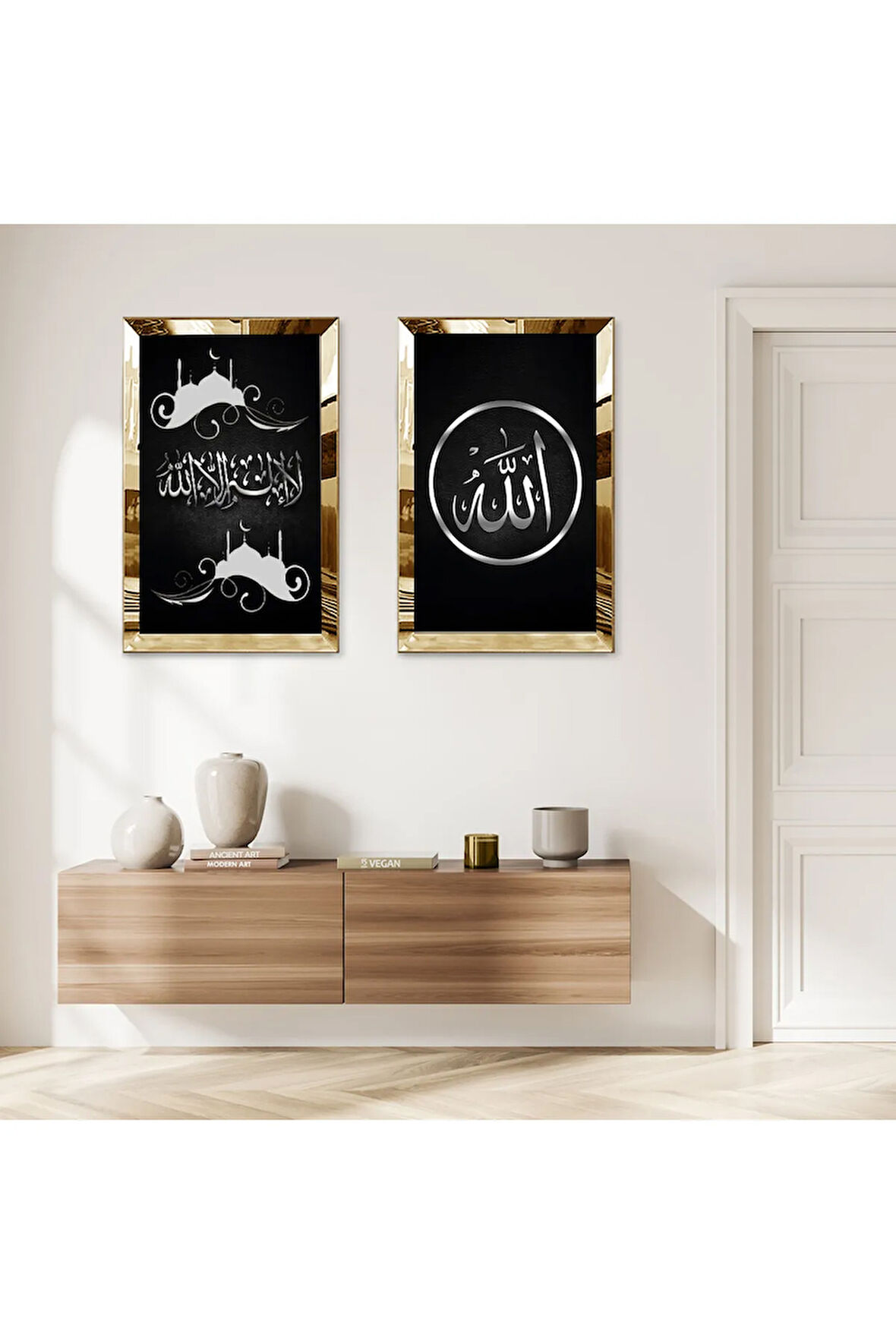GOLD AYNALI PLEKSİ ÇERÇEVELİ SİYAH ARKA PLANLI ALLAH LAFZI VE GRİ DESENLİ DİNİ İKİLİ MDF TABLO SETİ