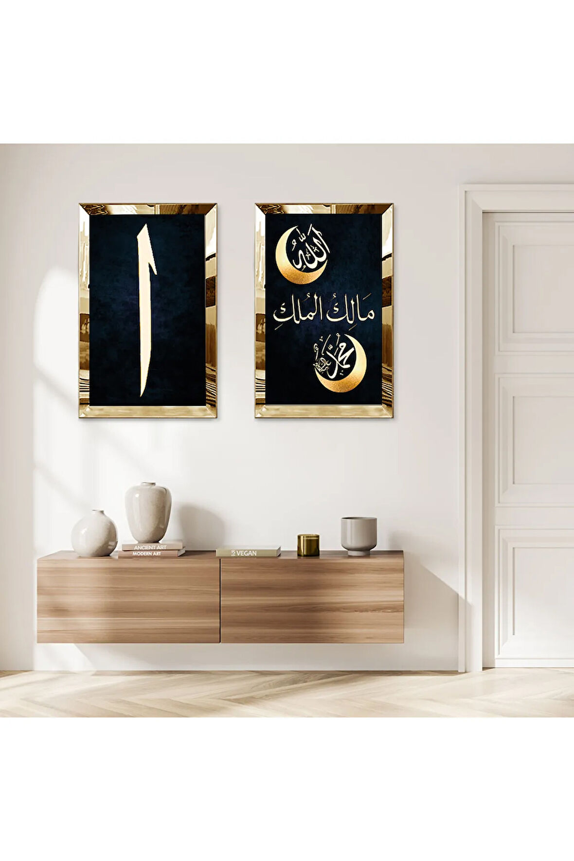 GOLD AYNALI PLEKSİ ÇERÇEVELİ SİYAH ARKA PLANLI ELİFLAMMİM İKİLİ MDF TABLO SETİ