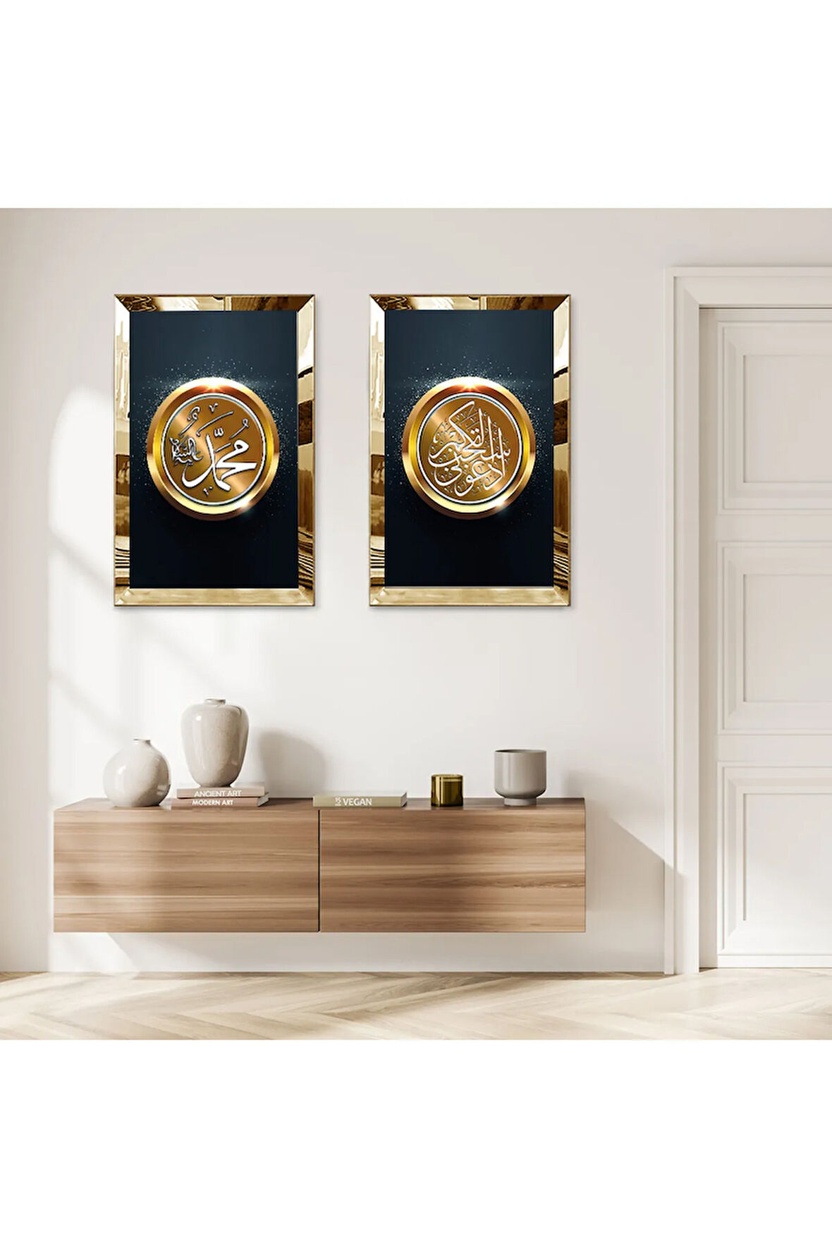 GOLD AYNALI PLEKSİ ÇERÇEVELİ MUHAMMET LAFZI VE ARAPÇA YAZILAR İKİLİ MDF TABLO SETİ