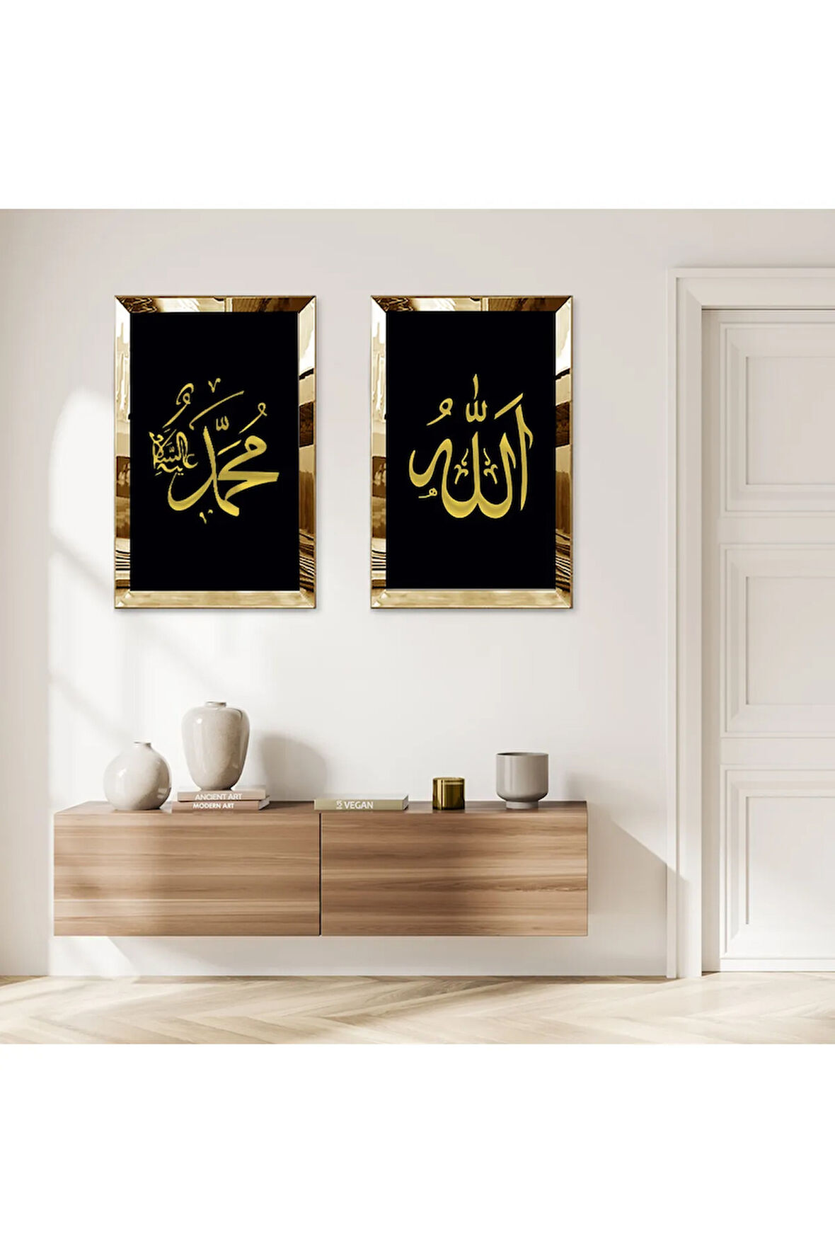 GOLD AYNALI PLEKSİ ÇERÇEVELİ SİYAH ARKA PLANLI MUHAMMET VE ALLAH LAFZI İKİLİ MDF TABLO SETİ