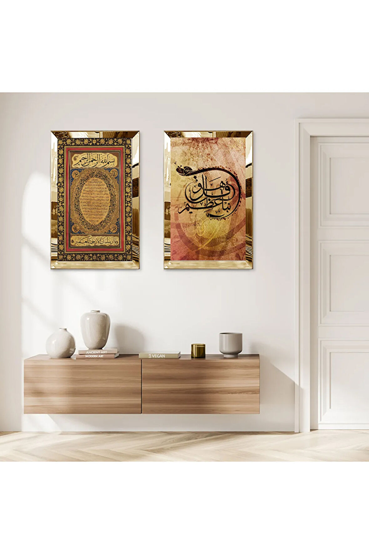GOLD AYNALI PLEKSİ ÇERÇEVELİ GOLD ARKA PLANLI DİNİ İKİLİ MDF TABLO SETİ