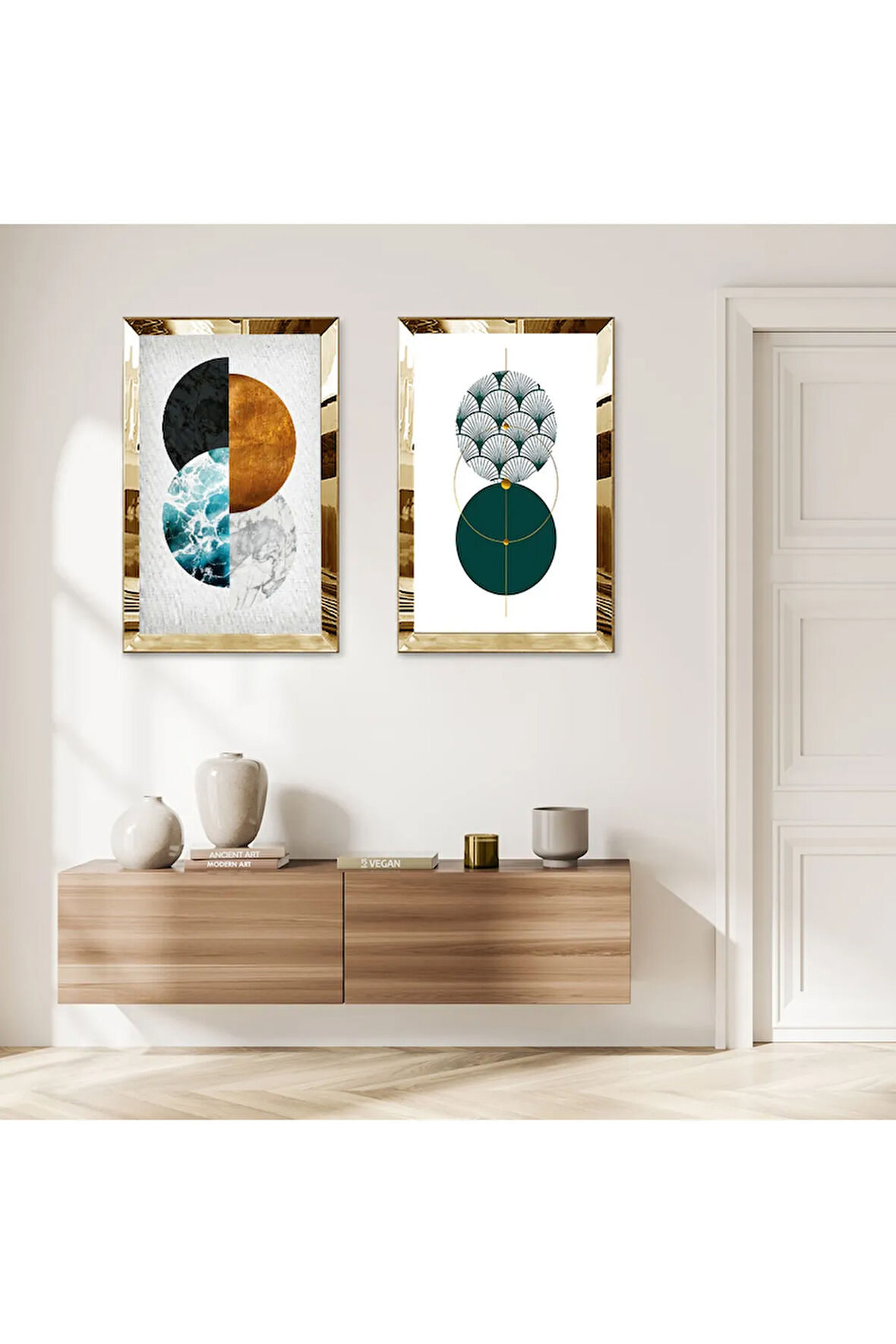 GOLD AYNALI PLEKSİ ÇERÇEVELİ BEYAZ ARKA PLANLI MİNİMALİST YARIM YUVARLAKLAR İKİLİ MDF TABLO SETİ
