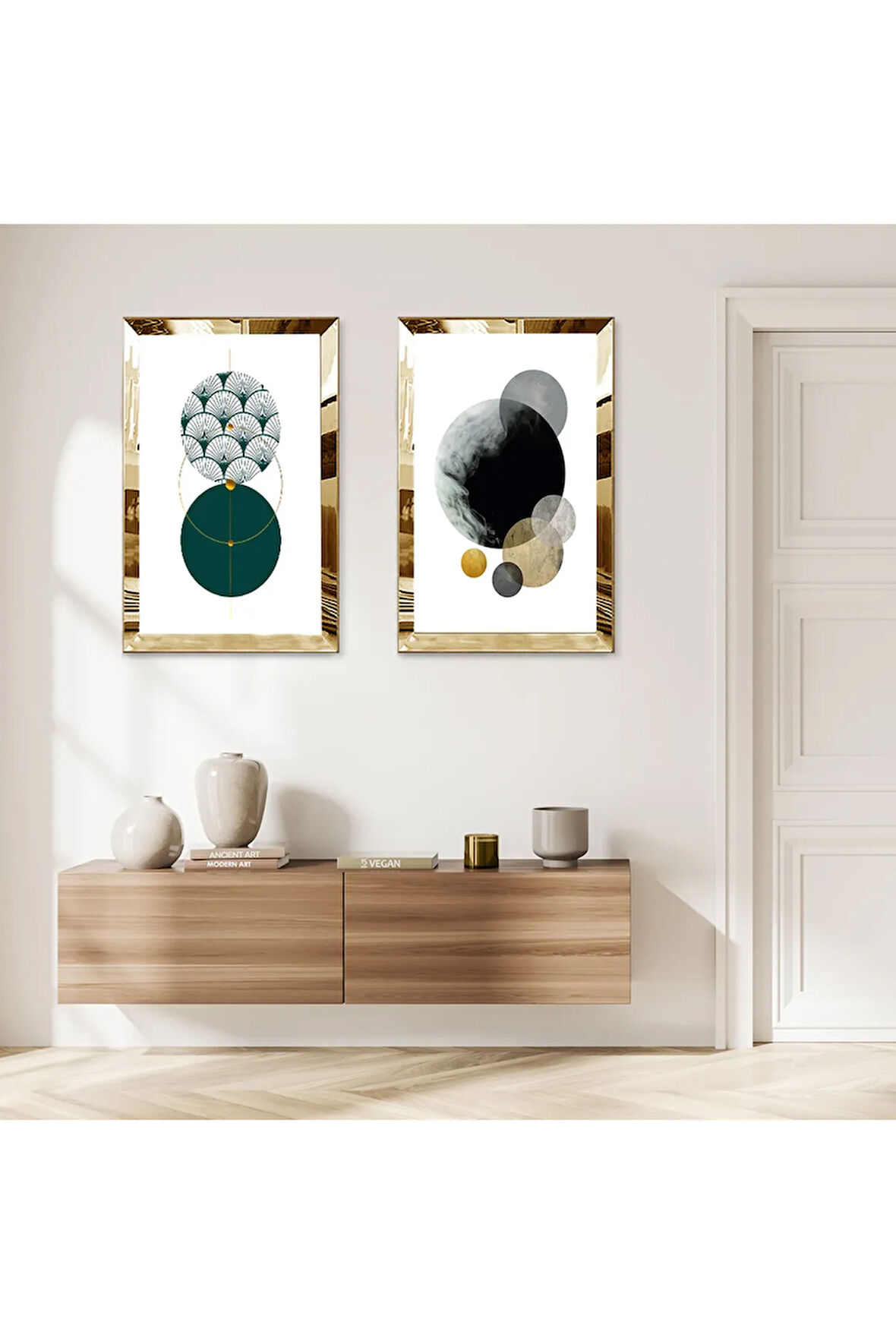 GOLD AYNALI PLEKSİ ÇERÇEVELİ BEYAZ ARKA PLANLI MİNİMALİST ŞEKİLLER İKİLİ MDF TABLO SETİ