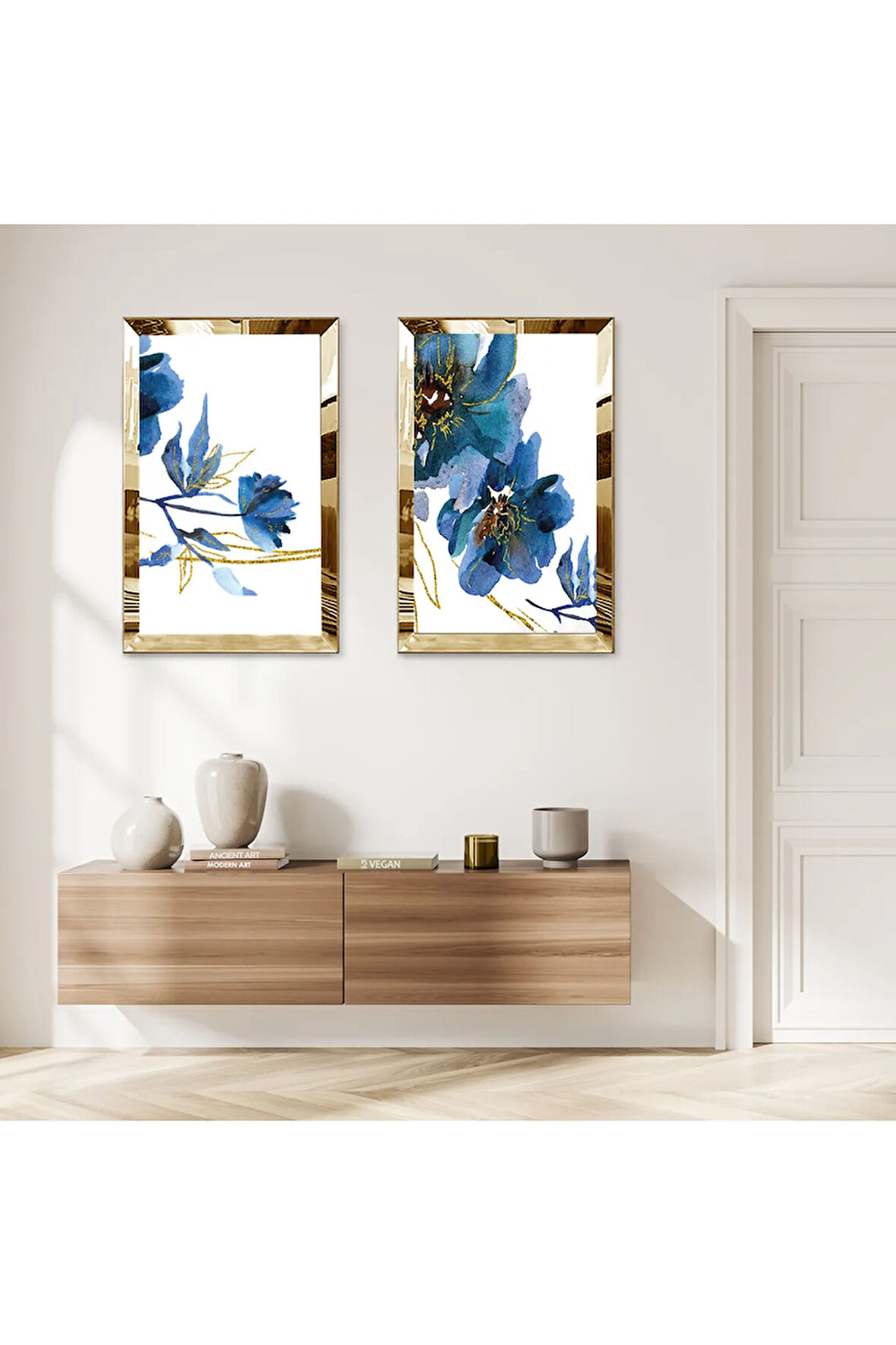 GOLD AYNALI PLEKSİ ÇERÇEVELİ BEYAZ ARKA PLANLI MAVİ YOĞUN ÇİÇEKLER İKİLİ MDF TABLO SETİ