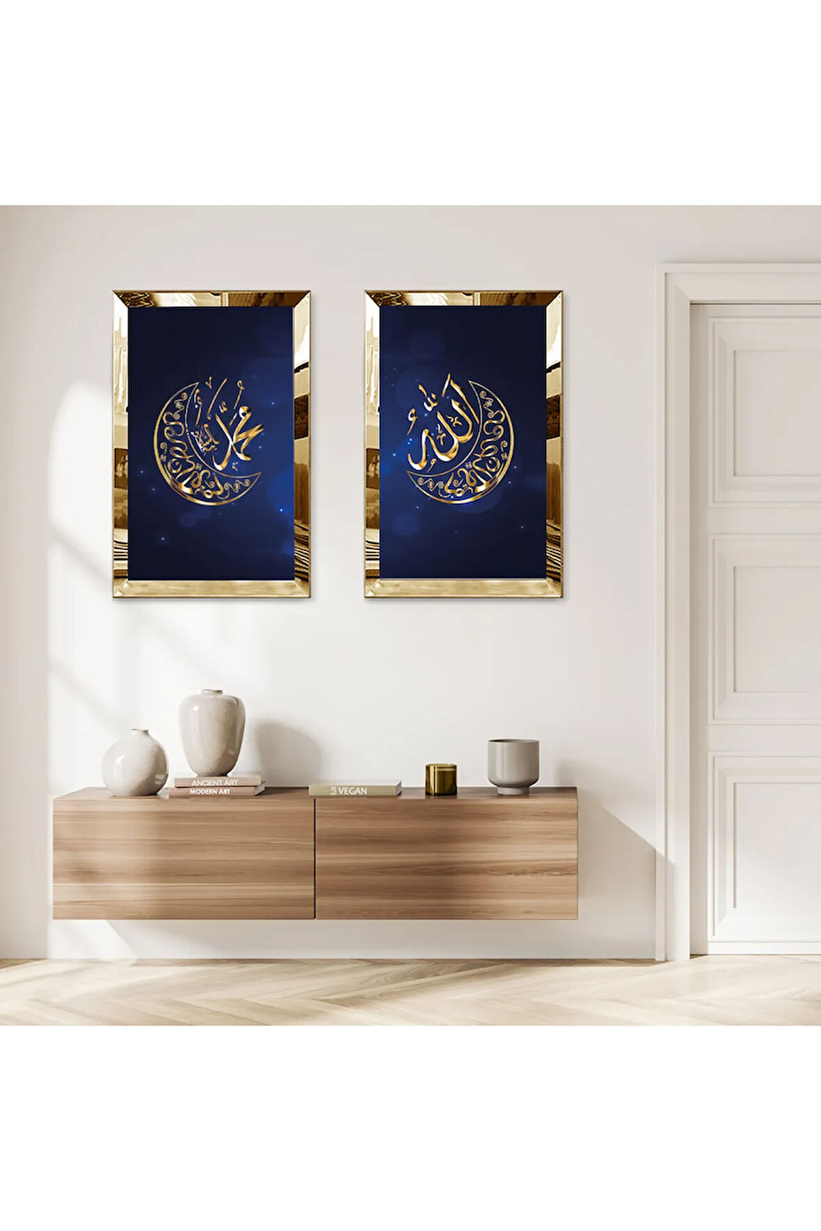GOLD AYNALI PLEKSİ ÇERÇEVELİ MAVİ ARKA PLANLI MUHAMMET VE ALLAH LAFZI İKİLİ MDF TABLO SETİ