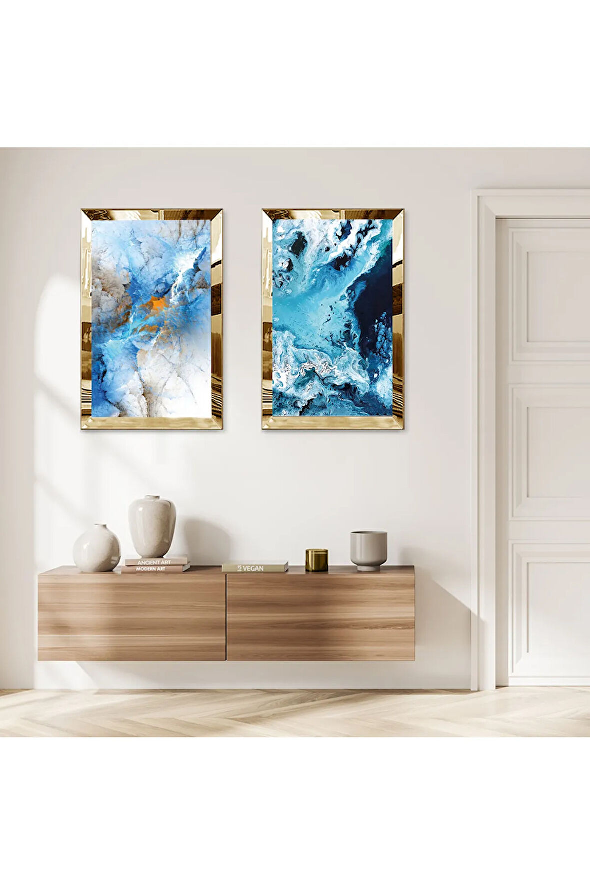 GOLD AYNALI PLEKSİ ÇERÇEVELİ MAVİ MODERN DALGALAR İKİLİ MDF TABLO SETİ