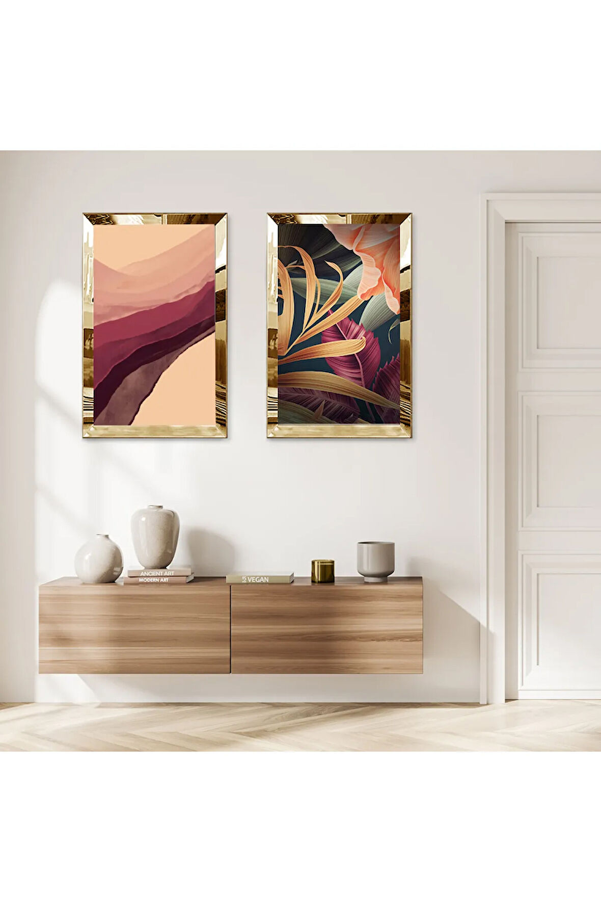 GOLD AYNALI PLEKSİ ÇERÇEVELİ RENKLİ YOĞUN ÇİÇEKLER İKİLİ MDF TABLO SETİ