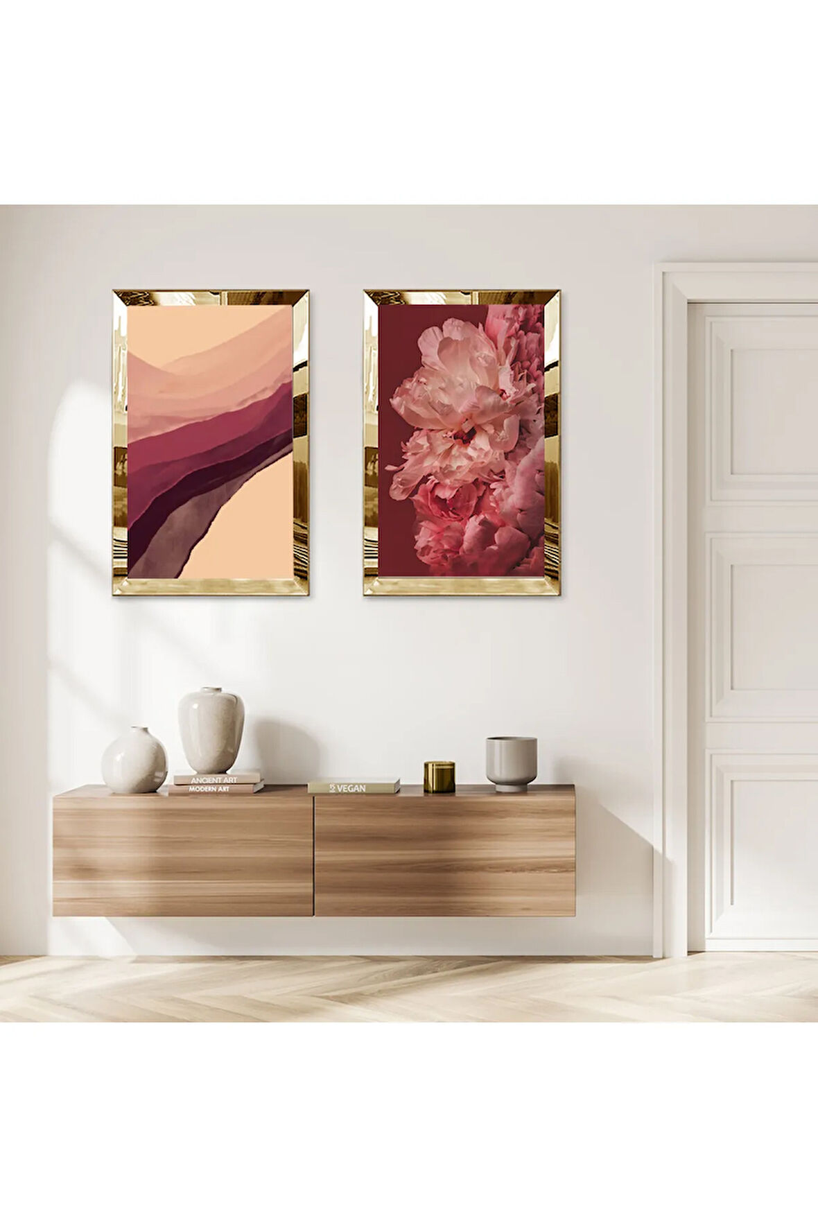 GOLD AYNALI PLEKSİ ÇERÇEVELİ RENKLİ SOYUT ÇİÇEKLER İKİLİ MDF TABLO SETİ