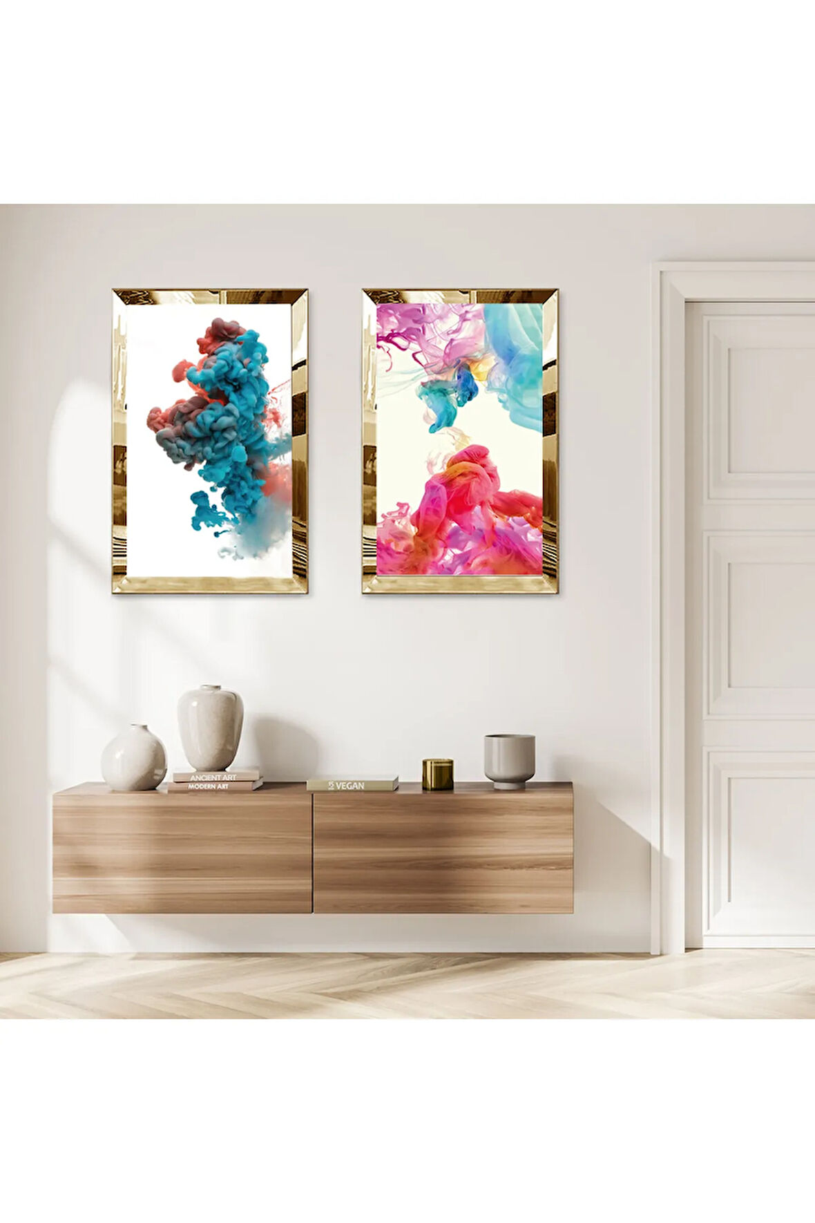 GOLD AYNALI PLEKSİ ÇERÇEVELİ BEYAZ ARKA PLANLI RENKLİ DUMAMLAR İKİLİ MDF TABLO SETİ