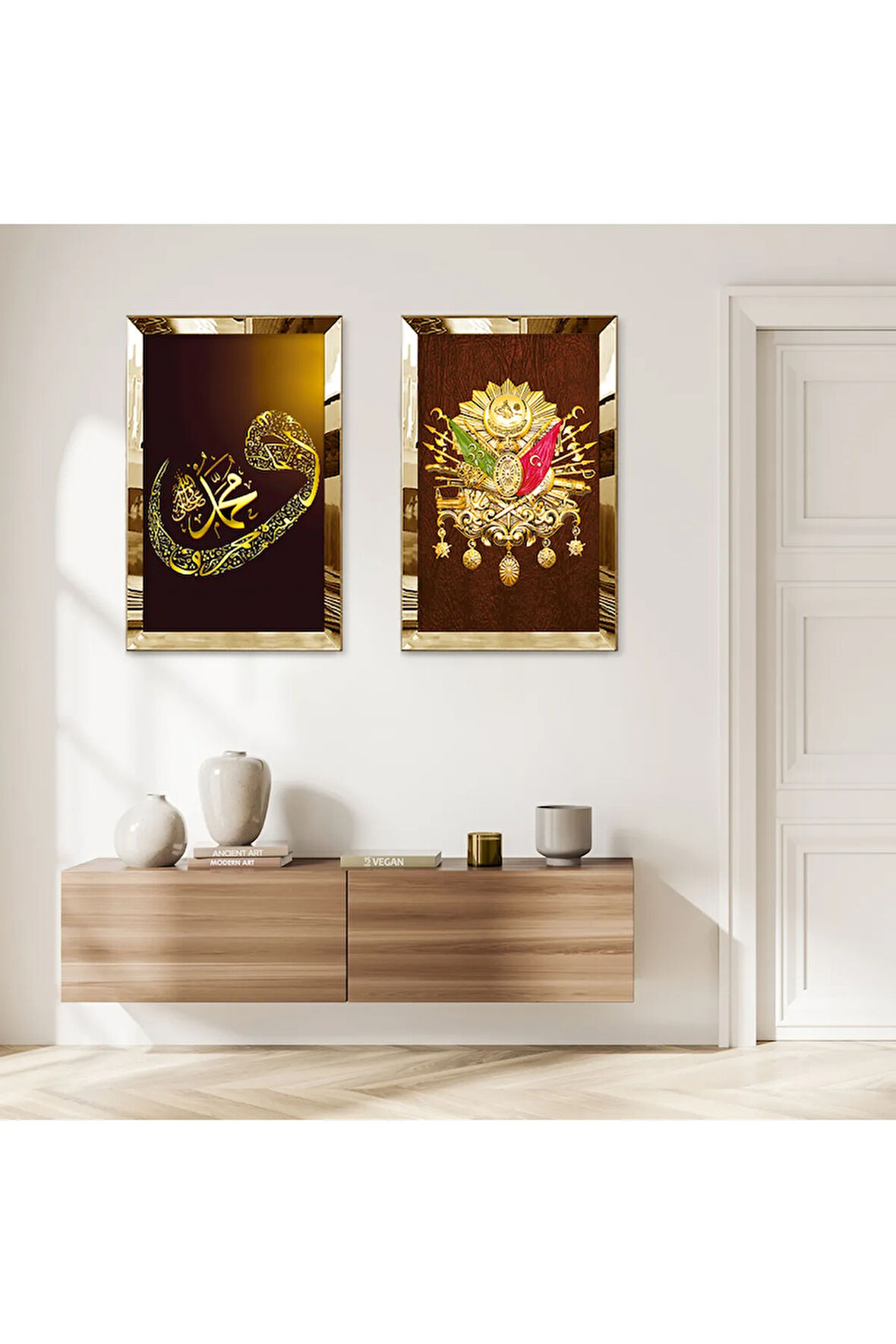 GOLD AYNALI PLEKSİ ÇERÇEVELİ GOLD VAV HARFİ VE OSMANLI TUĞRASI İKİLİ MDF TABLO SETİ