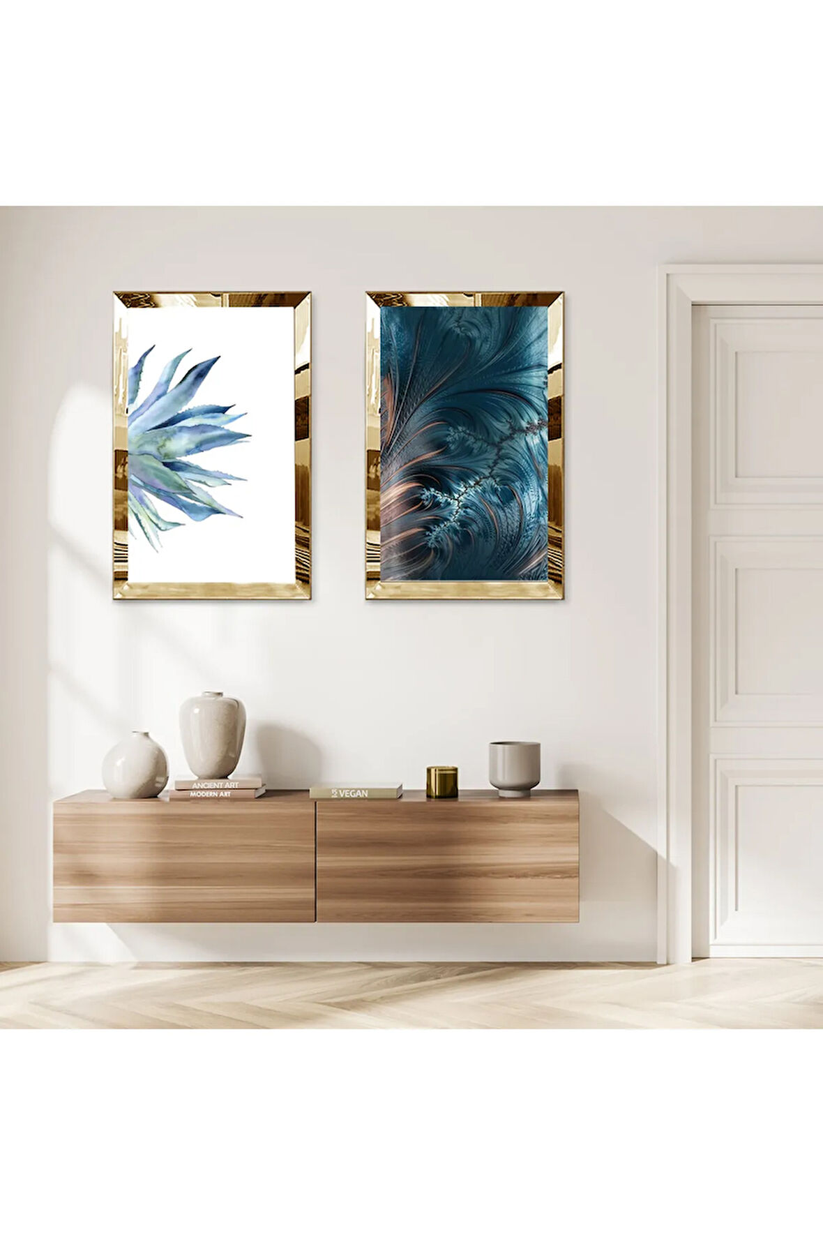 GOLD AYNALI PLEKSİ ÇERÇEVELİ BEYAZ ARKA PLANLI MAVİ ÇİÇEK İKİLİ MDF TABLO SETİ