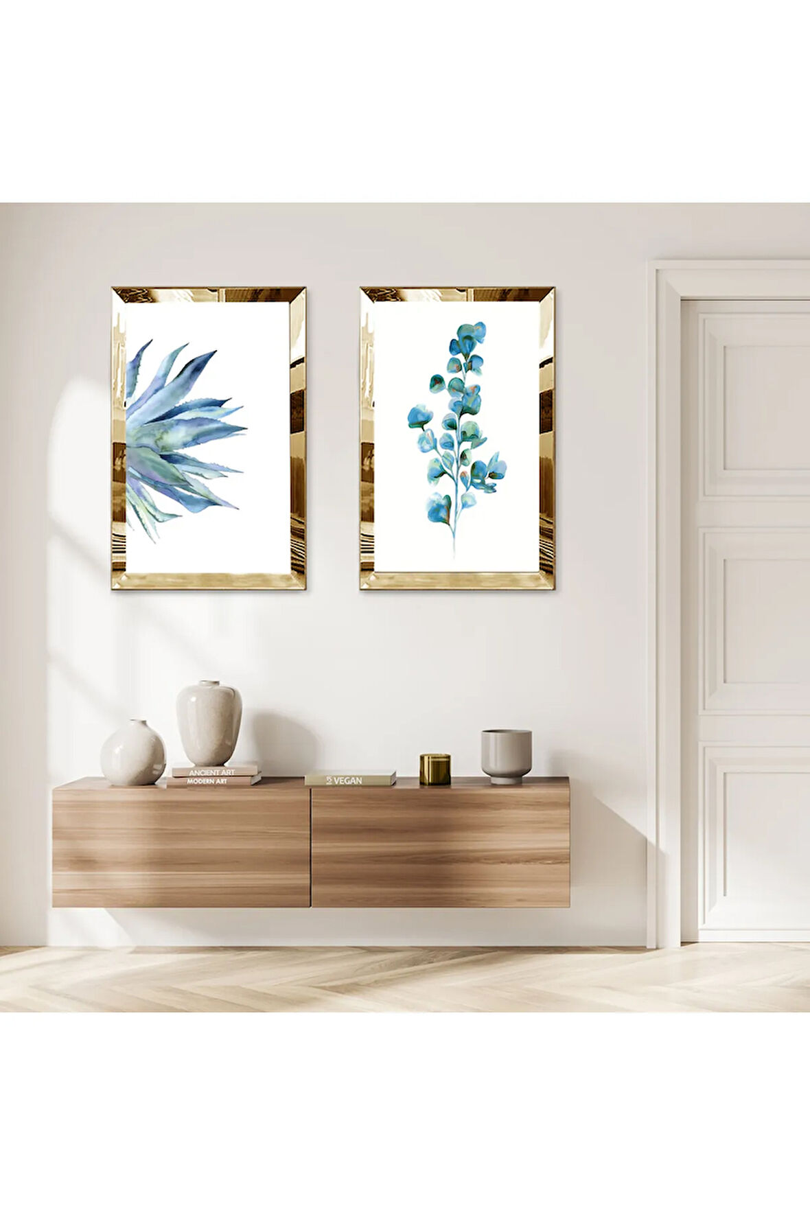 GOLD AYNALI PLEKSİ ÇERÇEVELİ BEYAZ ARKA PLANLI MAVİ MODERN ÇİÇEK İKİLİ MDF TABLO SETİ
