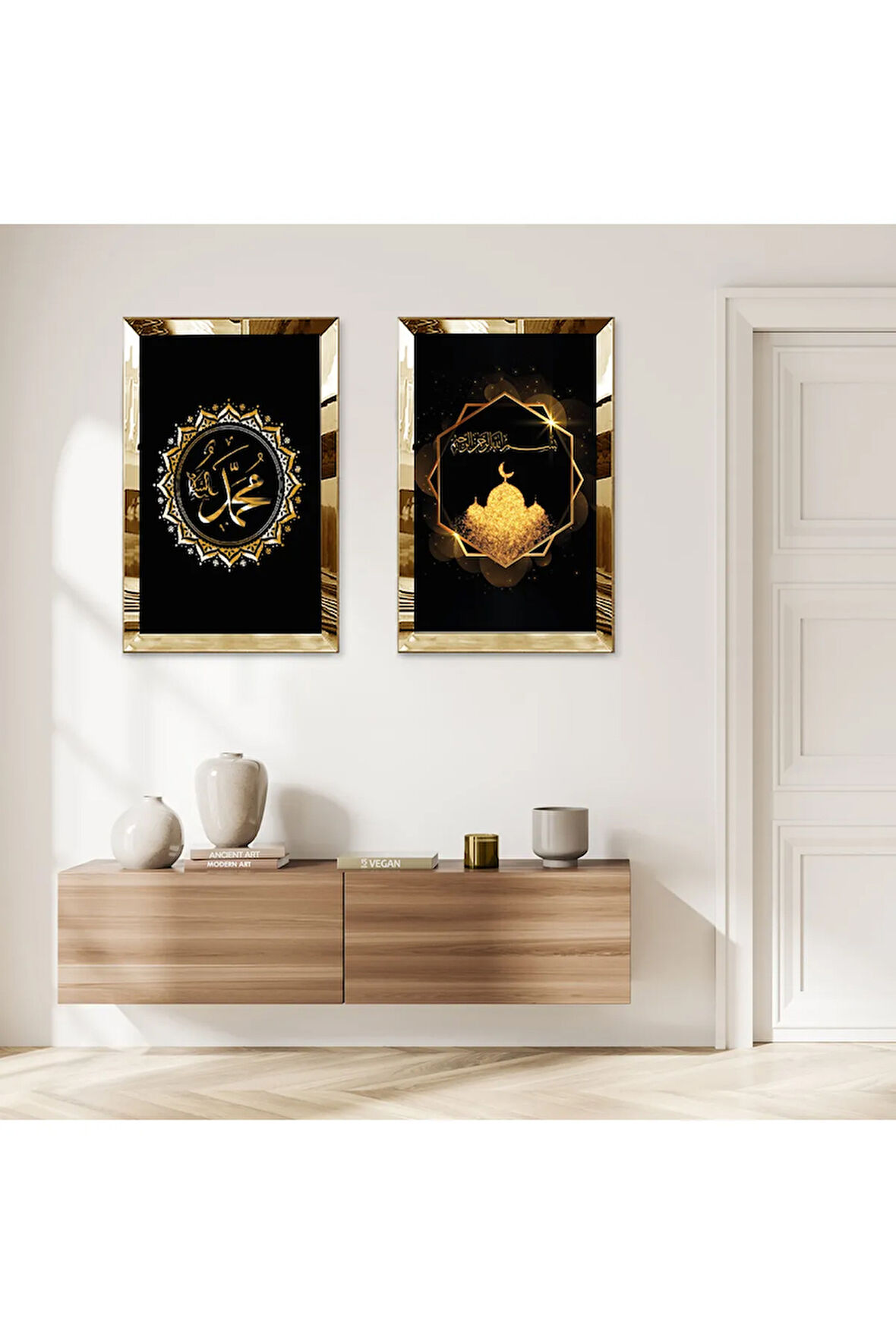GOLD AYNALI PLEKSİ ÇERÇEVELİ SİYAH ARKA PLANLI MUHAMMET LAFZI VE HİLAL İKİLİ MDF TABLO SETİ