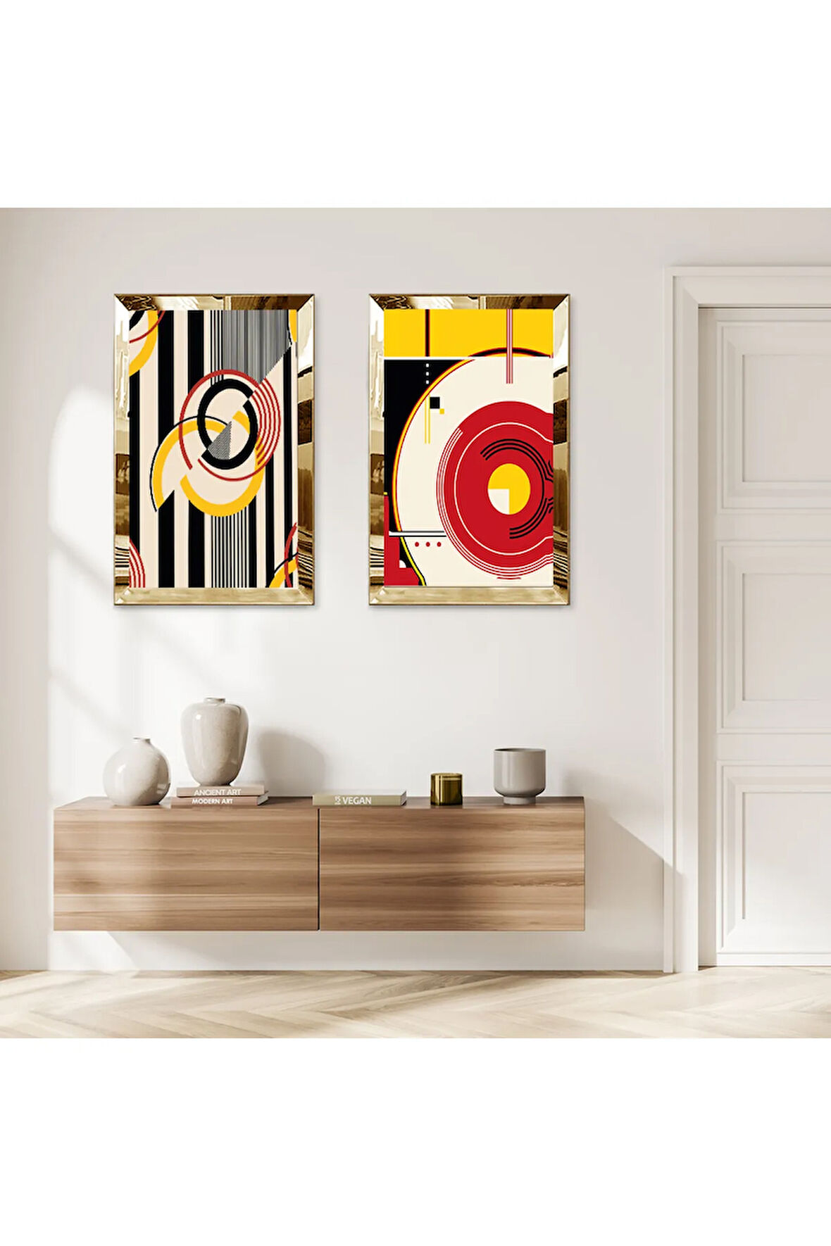 GOLD AYNALI PLEKSİ ÇERÇEVELİ MİNİMALİST ŞEKİLLER İKİLİ MDF TABLO SETİ