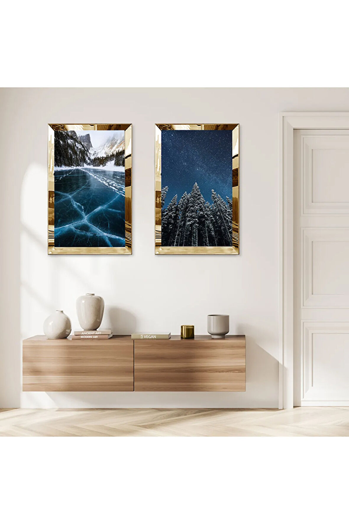 GOLD AYNALI PLEKSİ ÇERÇEVELİ DAĞ KAR VE GECE MAZNZARALARI MODERN İKİLİ MDF TABLO SETİ