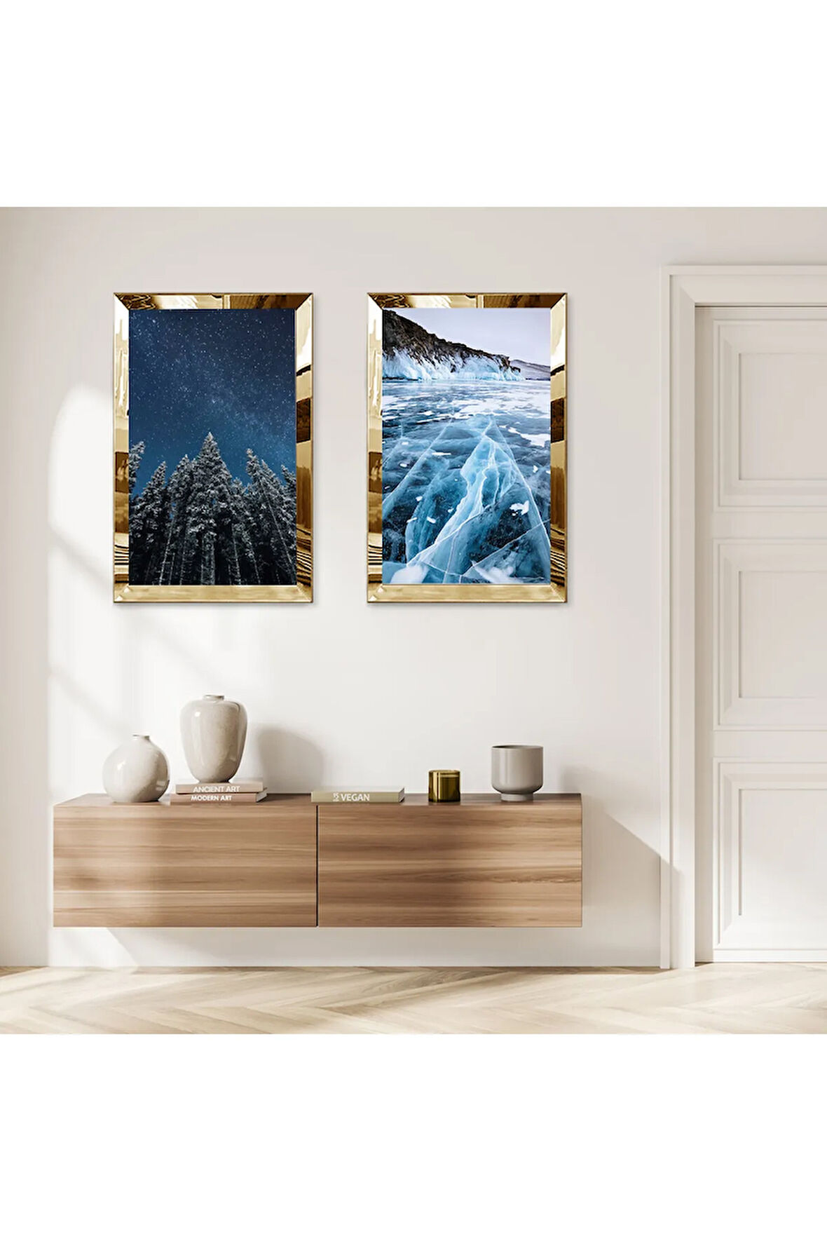 GOLD AYNALI PLEKSİ ÇERÇEVELİ DAĞ KAR VE GECE MAZNZARALARI İKİLİ MDF TABLO SETİ