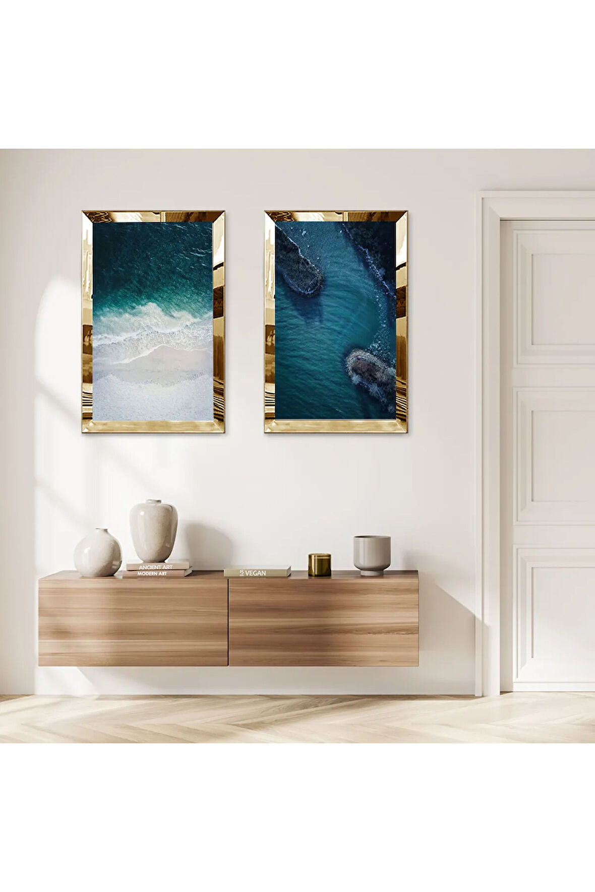 GOLD AYNALI PLEKSİ ÇERÇEVELİ MODERN DENİZ MAZNZARASI İKİLİ MDF TABLO SETİ