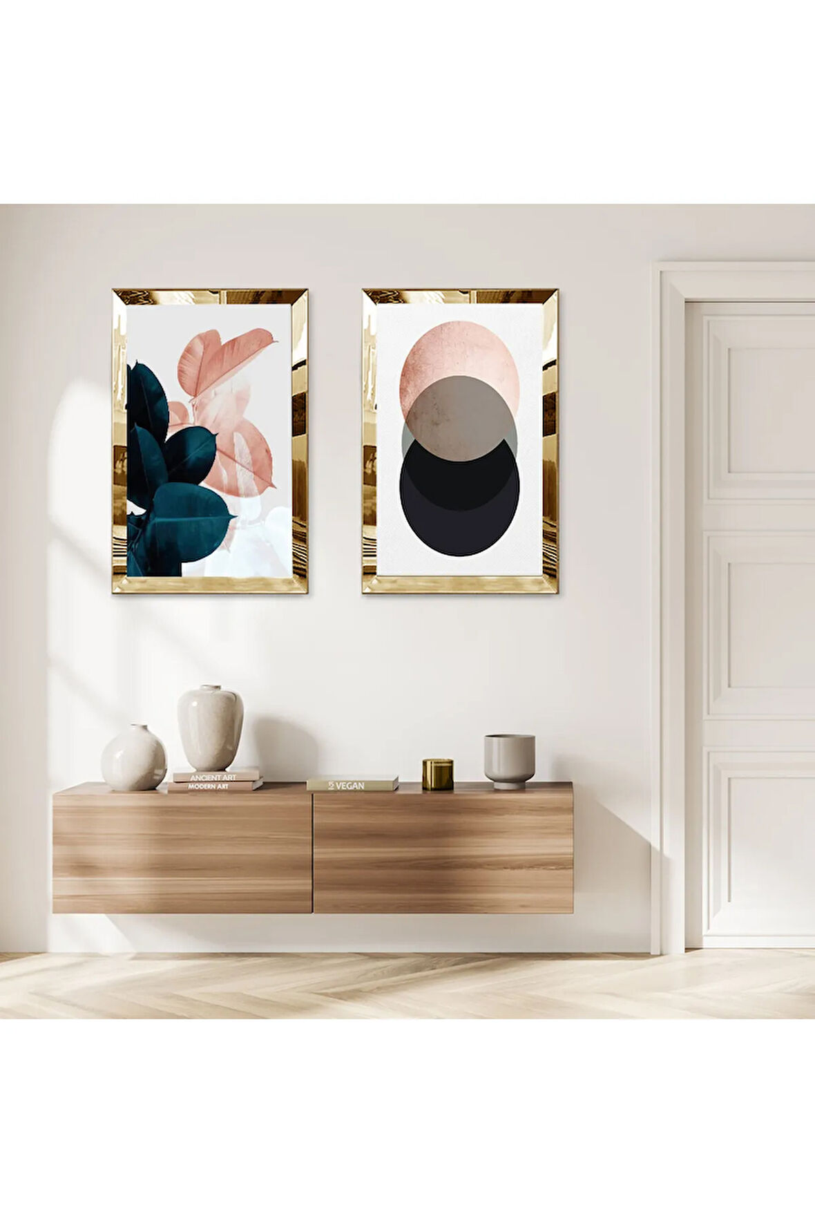 GOLD AYNALI PLEKSİ ÇERÇEVELİ RENKLİ YUVARLAK SOYUT ŞEKİLLER MODERN İKİLİ MDF TABLO SETİ