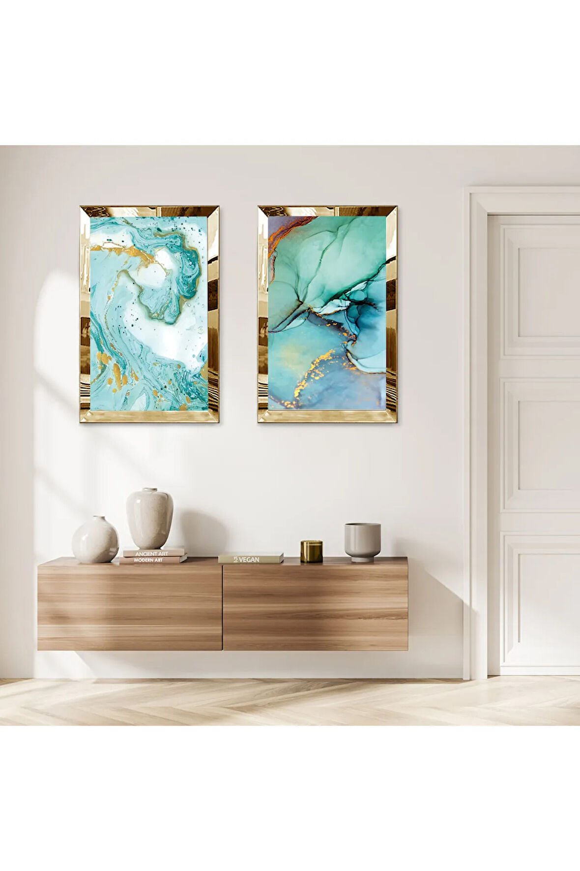 GOLD AYNALI PLEKSİ ÇERÇEVELİ BEYAZ ARKA PLANLI SU YEŞİLİ DALGALAR İKİLİ MDF TABLO SETİ