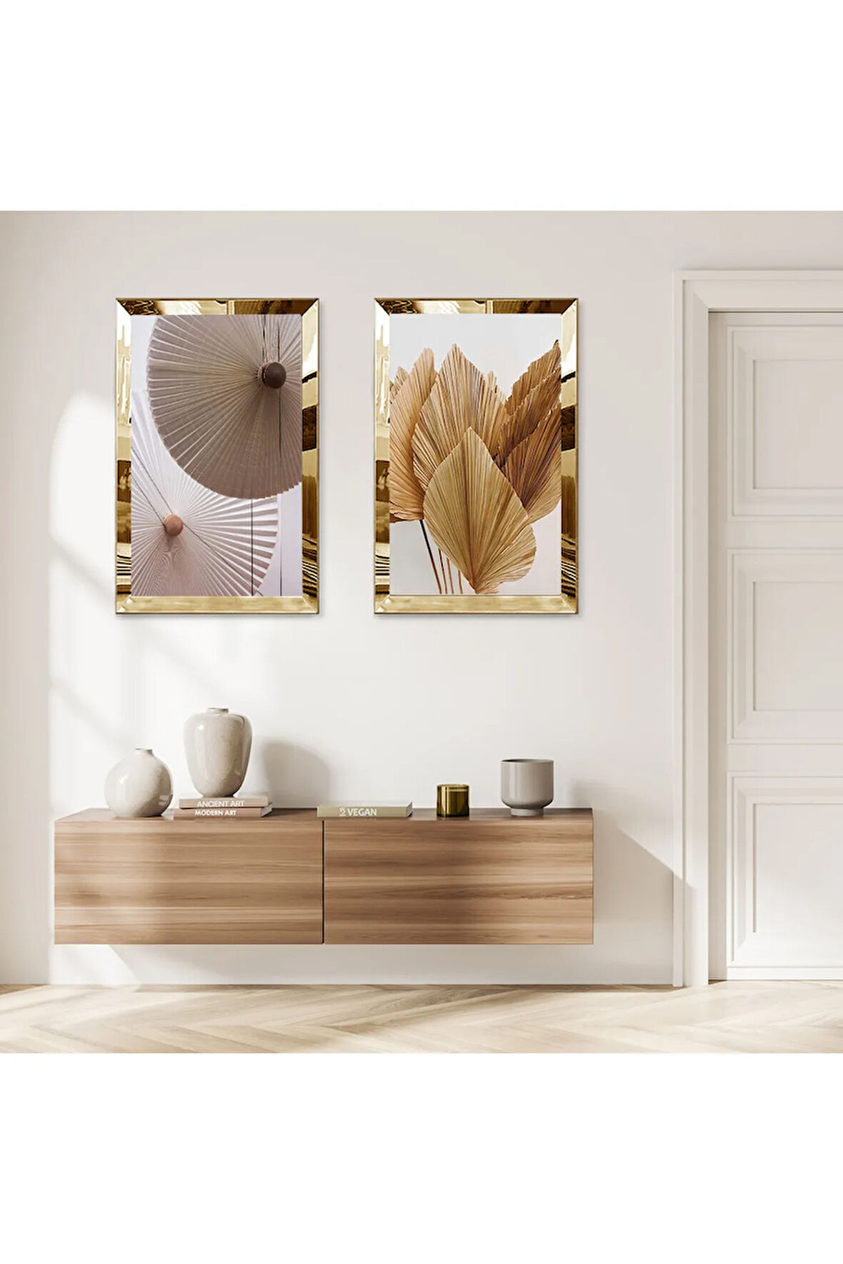 GOLD AYNALI PLEKSİ ÇERÇEVELİ BEYAZ ARKA PLANLI KREM TONLARINDA SOYUT DEKORATİF İKİLİ MDF TABLO SETİ