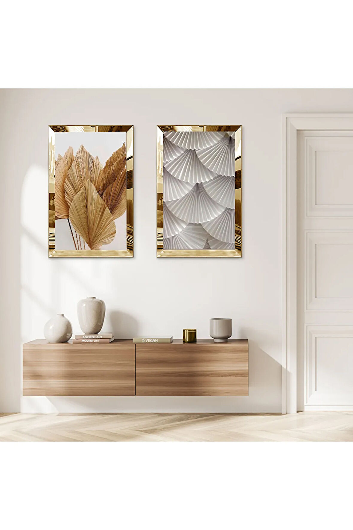 GOLD AYNALI PLEKSİ ÇERÇEVELİ BEYAZ ARKA PLANLI KREM TONLARINDA MODERN İKİLİ MDF TABLO SETİ